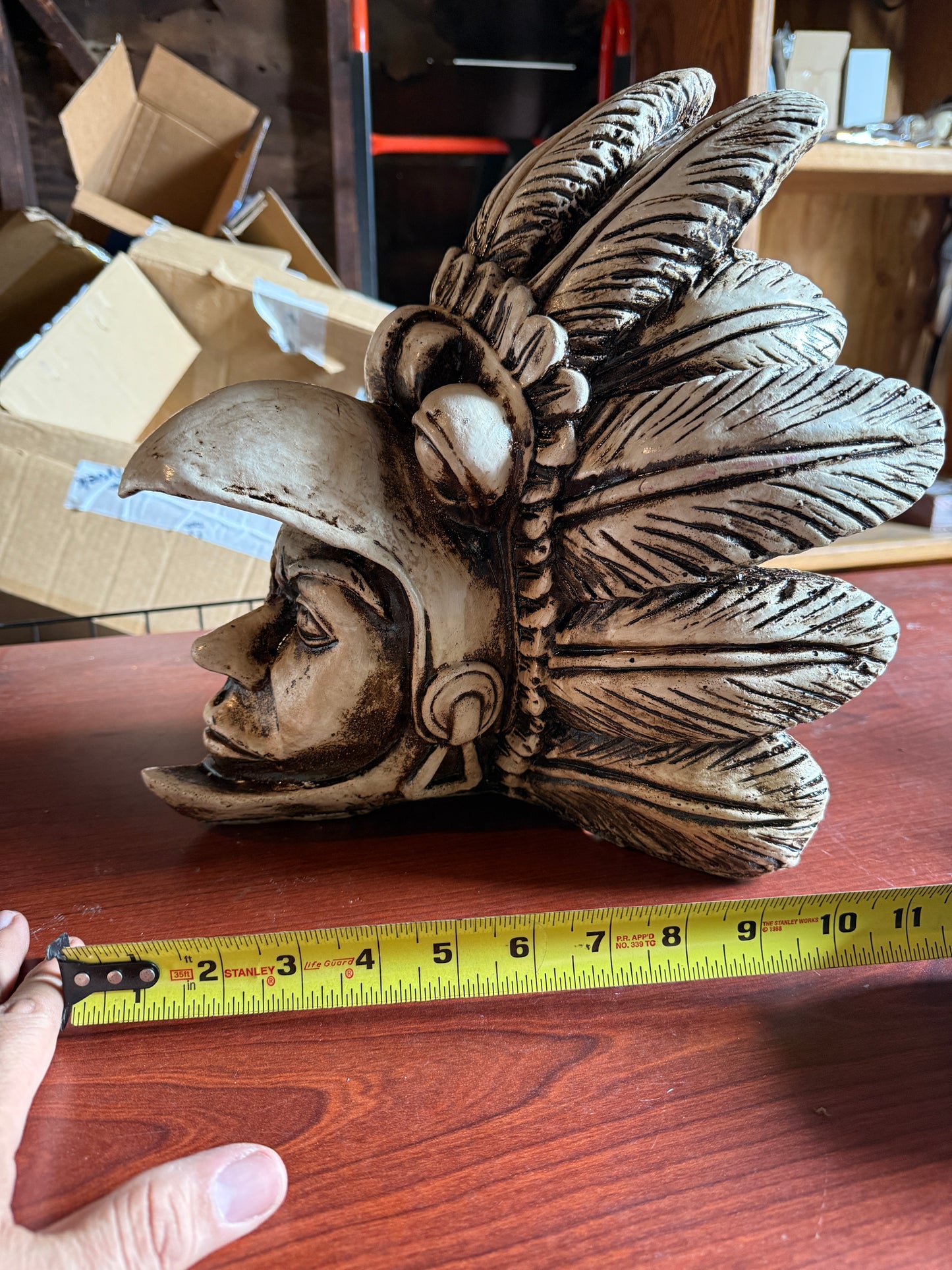 Eagle Skull Warrior Mayan or Aztec Statue, Mexica Warrior, 12.5", Clay, Mexico