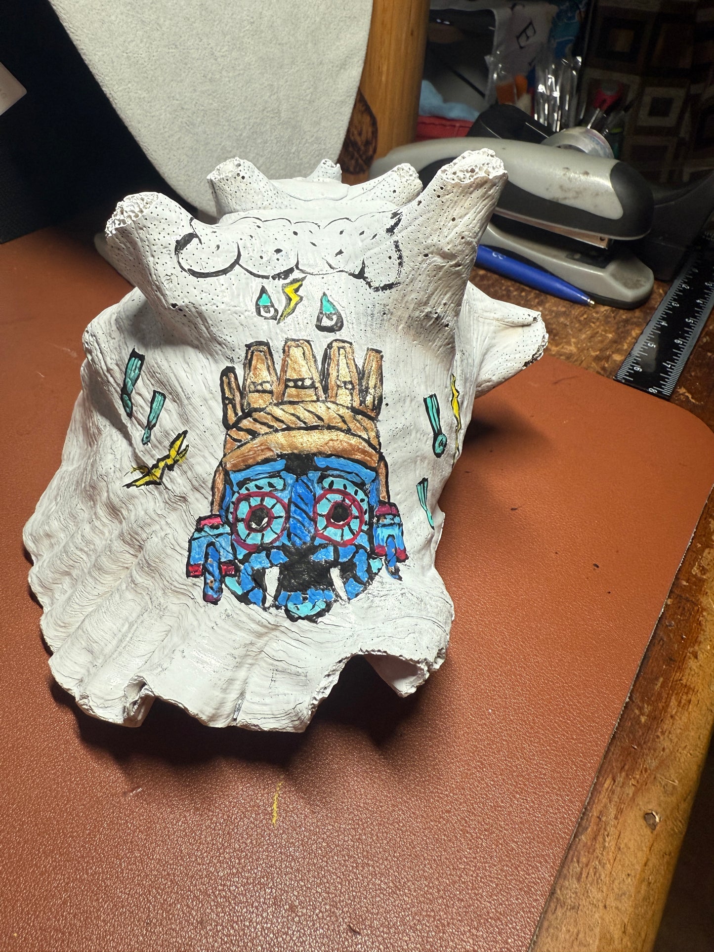 Aztec Tlaloc Conch Shell Horn - Seashell Trumpet, 8", Painted, Playable, Mexican