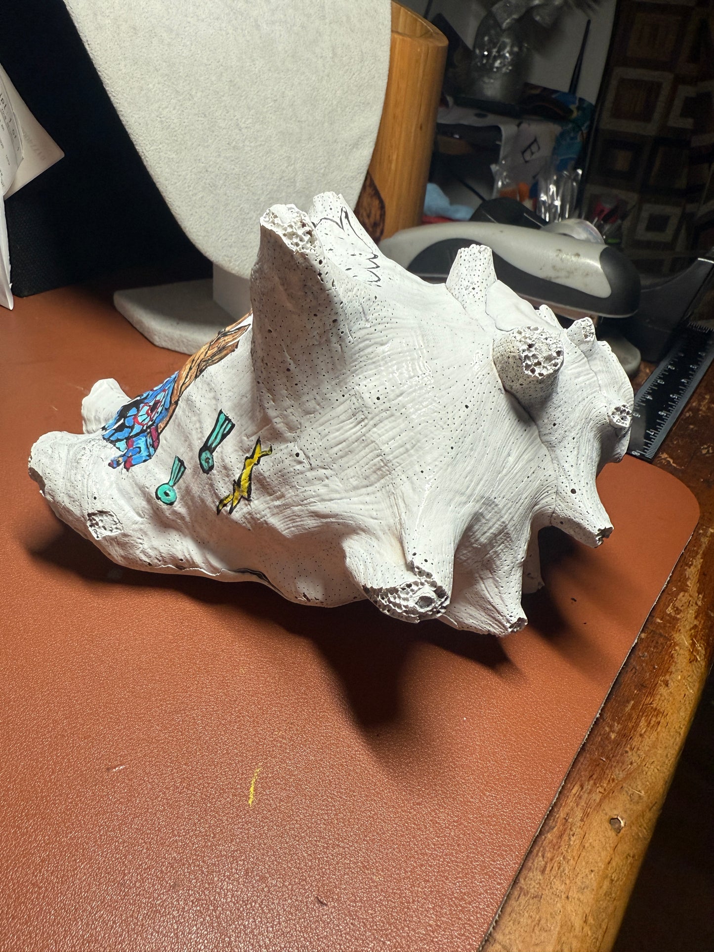 Aztec Tlaloc Conch Shell Horn - Seashell Trumpet, 8", Painted, Playable, Mexican