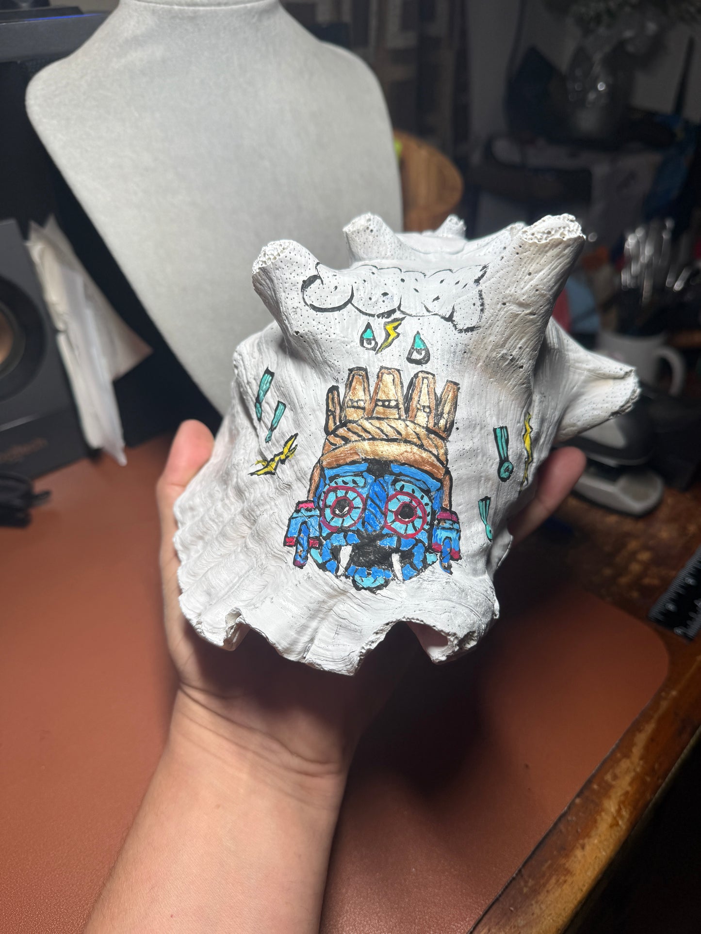 Aztec Tlaloc Conch Shell Horn - Seashell Trumpet, 8", Painted, Playable, Mexican