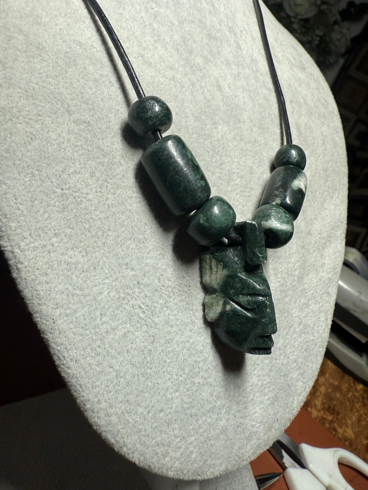 Marble Mayan Face Pendant with Marble Beads, Mexico, Cancun, Tribal, Indigenous #16