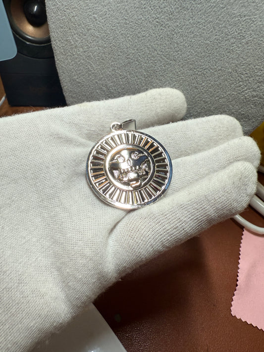 Mictlantecuhtli Pendant, Piedra Muerte Disk, Silver Tone Metal, Aztec Mexica #40