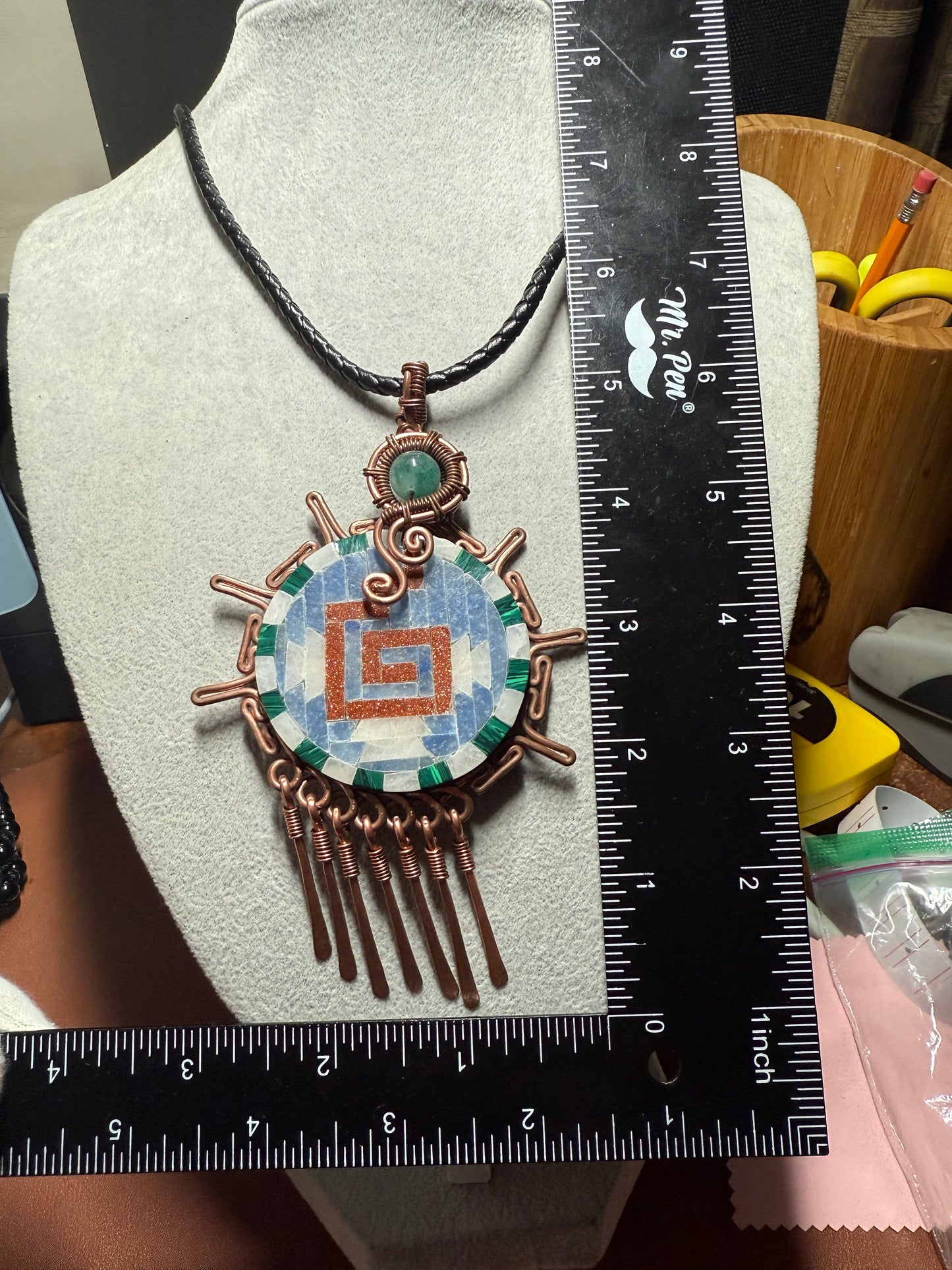 Aztec Stone Tiles on Big Obsidian Chimalli Pendant 5", Adorned with Copper Fletching with Leather braided 30" Necklace (#16)