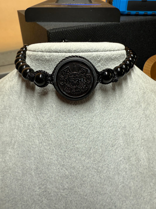 Aztec Calendar Tonatiuh Ollin, Obsidian Bracelet, Beaded, Handmade, Mexico #39