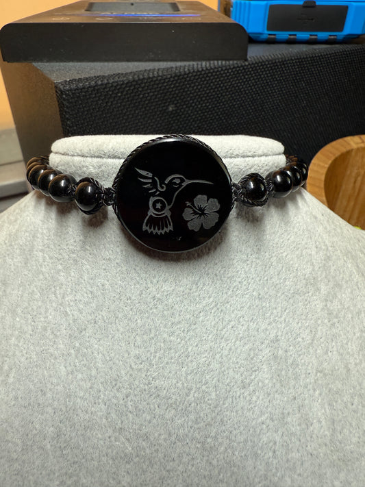 Aztec Huitzilopochtli Hummingbird, Flower, Obsidian Pendant, Bracelet, Mex #39