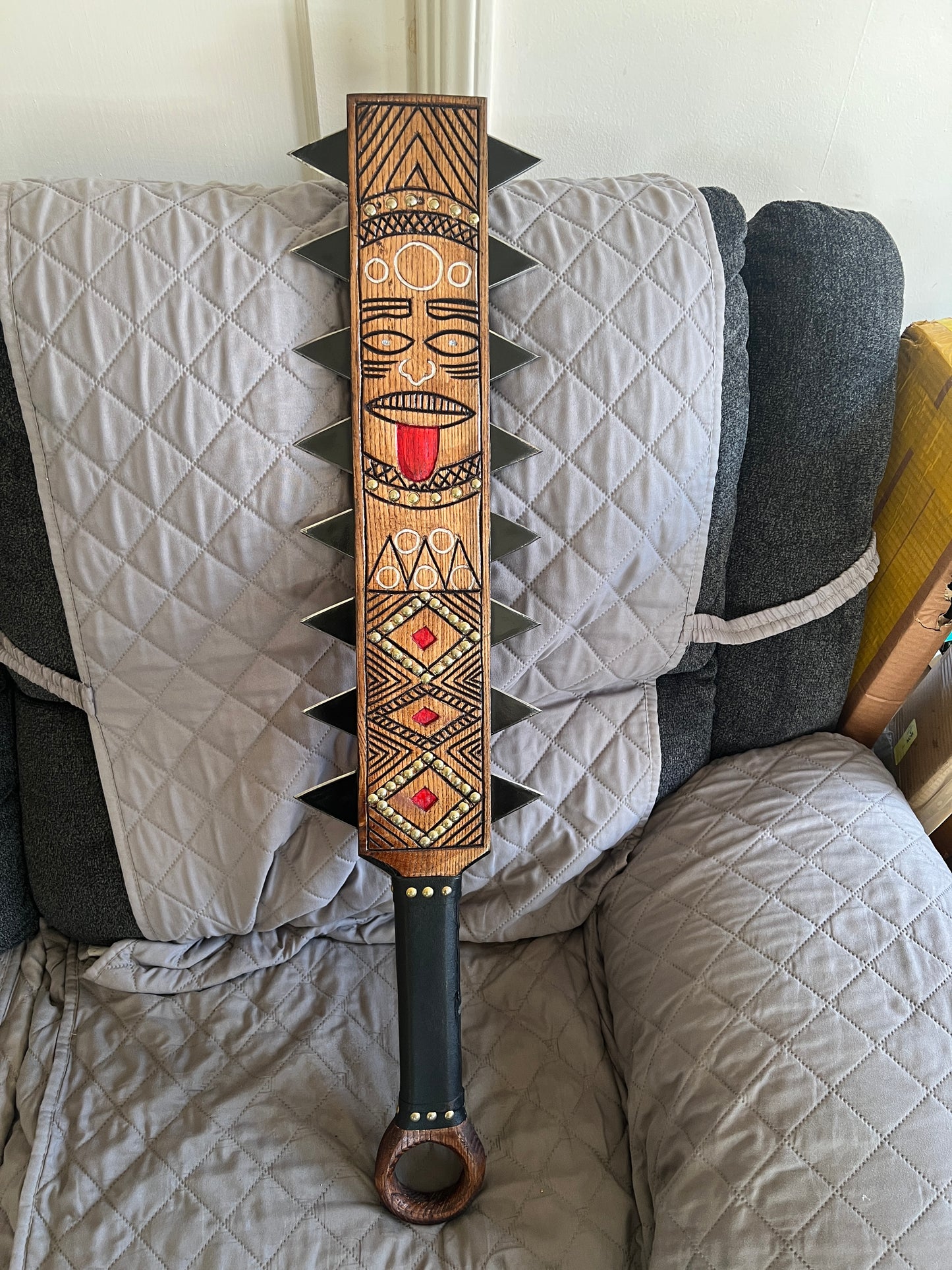 Upgraded Aztec Macuahuitl War Club Sword, Tonatiuh, Sun Face, Wood Body, Metal, Steel Blades, Mexico