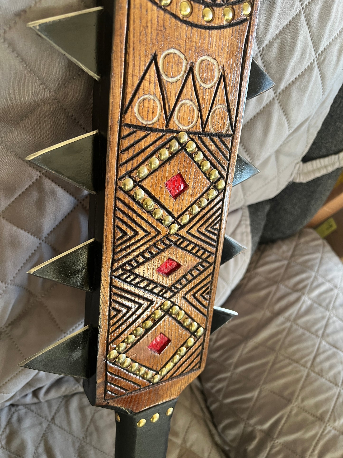 Upgraded Aztec Macuahuitl War Club Sword, Tonatiuh, Sun Face, Wood Body, Metal, Steel Blades, Mexico