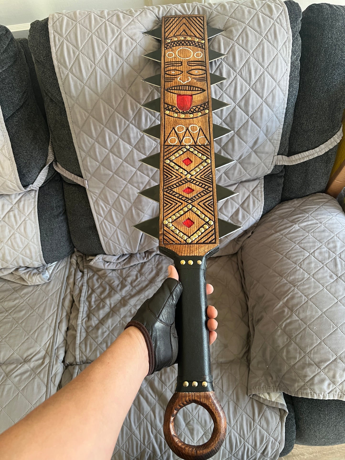 Upgraded Aztec Macuahuitl War Club Sword, Tonatiuh, Sun Face, Wood Body, Metal, Steel Blades, Mexico