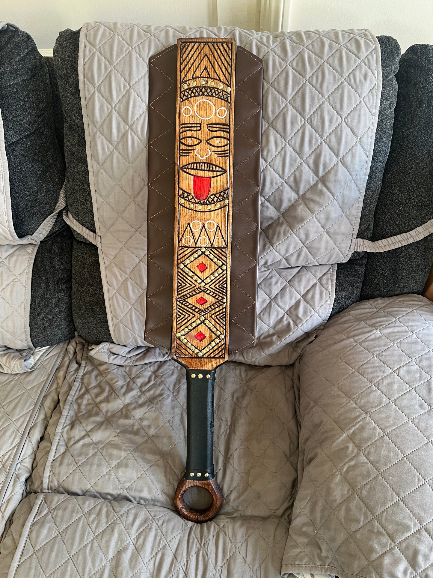 Upgraded Aztec Macuahuitl War Club Sword, Tonatiuh, Sun Face, Wood Body, Metal, Steel Blades, Mexico