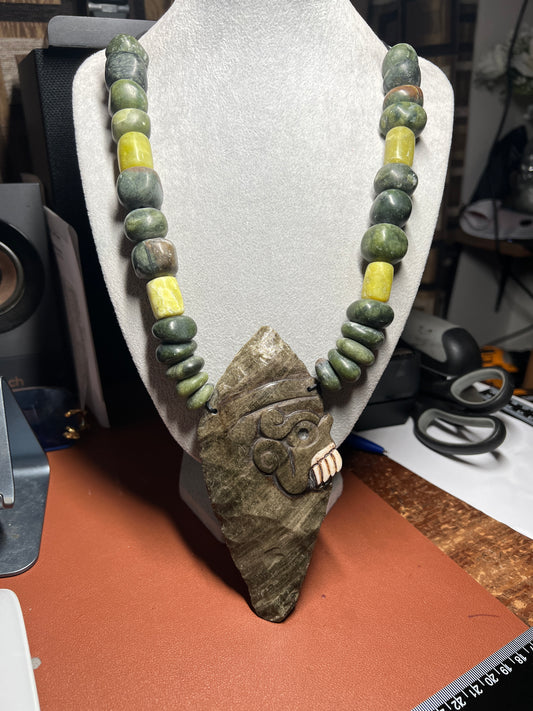 Golden Obsidian Tecpatl Aztec Pendant Flint Knife, Marble Beaded Necklace, Symbol for Sorcery, Shape Shifting, Mexico (#37)