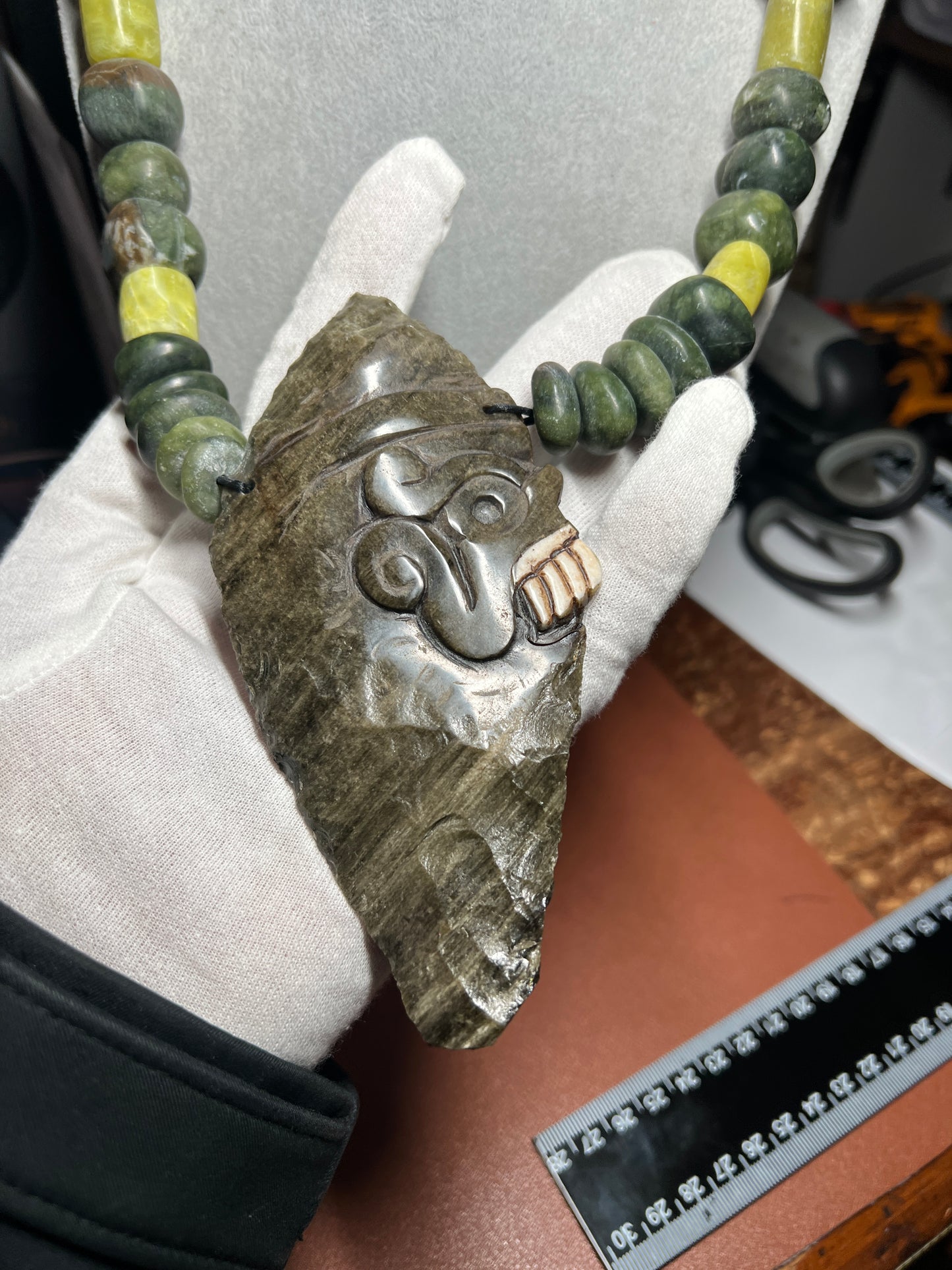Golden Obsidian Tecpatl Aztec Pendant Flint Knife, Marble Beaded Necklace, Symbol for Sorcery, Shape Shifting, Mexico (#37)