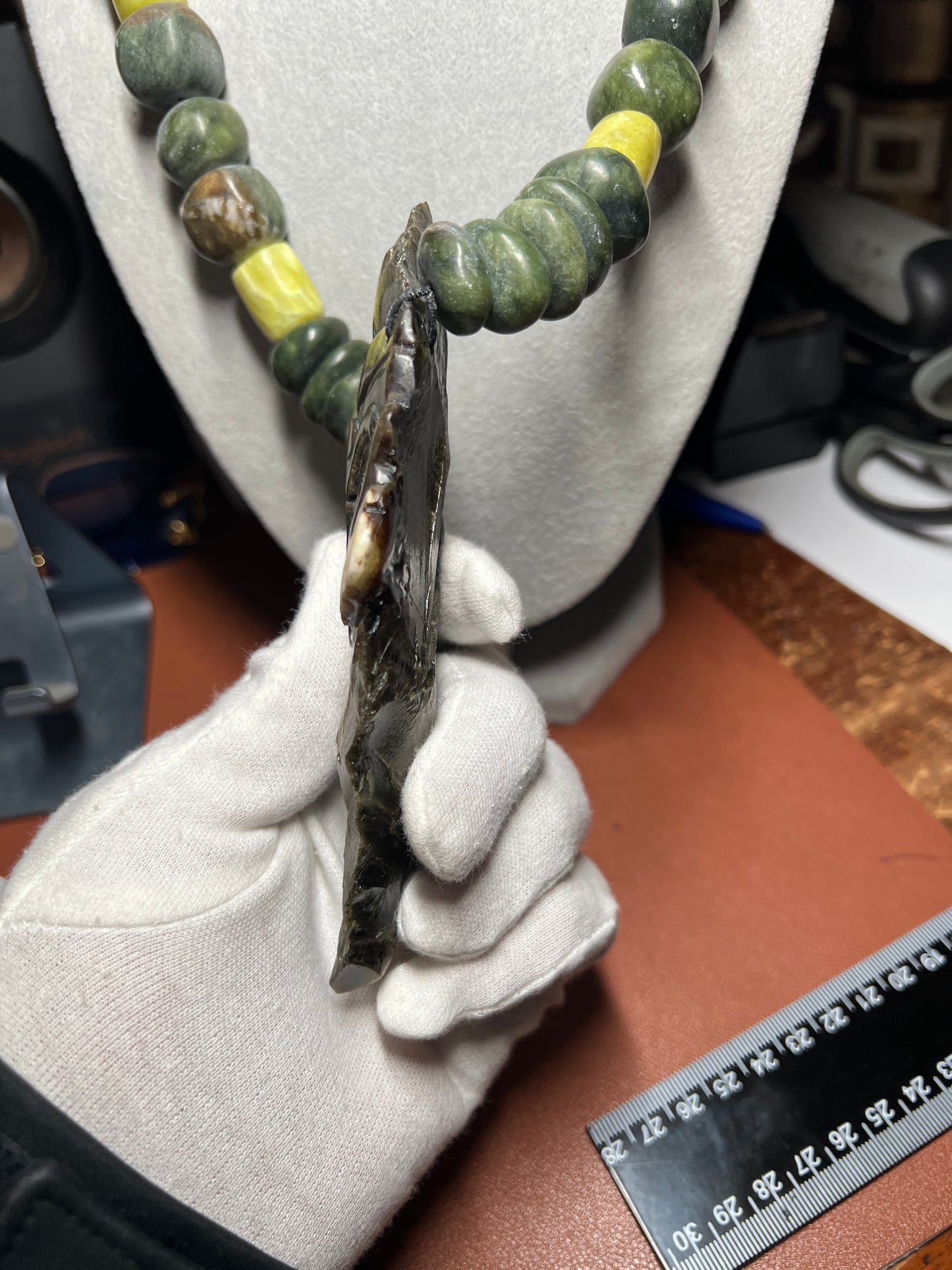 Golden Obsidian Tecpatl Aztec Pendant Flint Knife, Marble Beaded Necklace, Symbol for Sorcery, Shape Shifting, Mexico (#37)