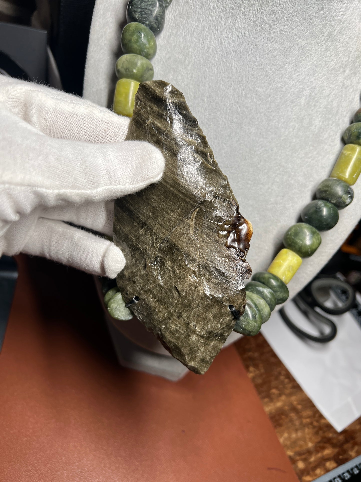 Golden Obsidian Tecpatl Aztec Pendant Flint Knife, Marble Beaded Necklace, Symbol for Sorcery, Shape Shifting, Mexico (#37)