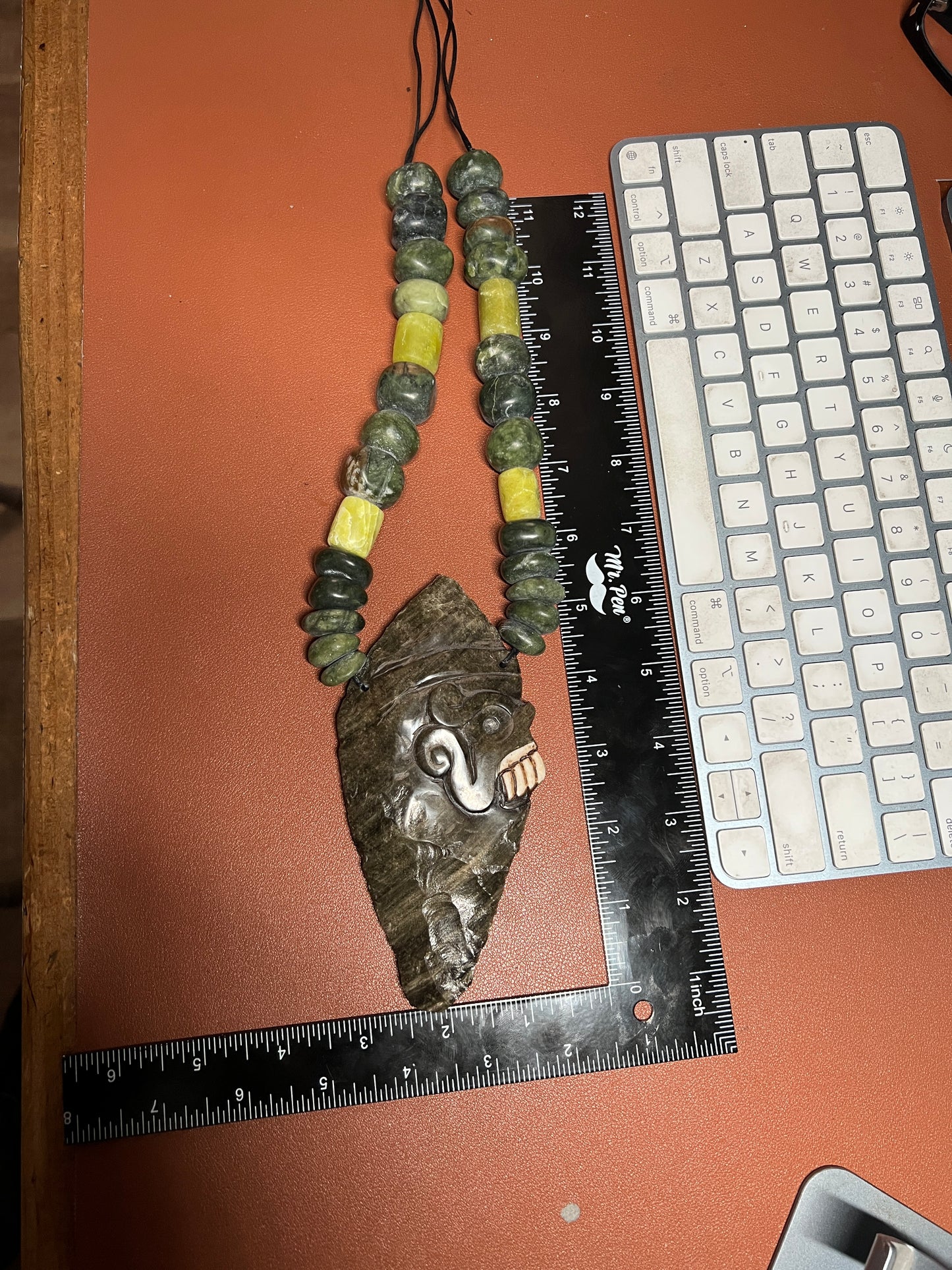 Golden Obsidian Tecpatl Aztec Pendant Flint Knife, Marble Beaded Necklace, Symbol for Sorcery, Shape Shifting, Mexico (#37)
