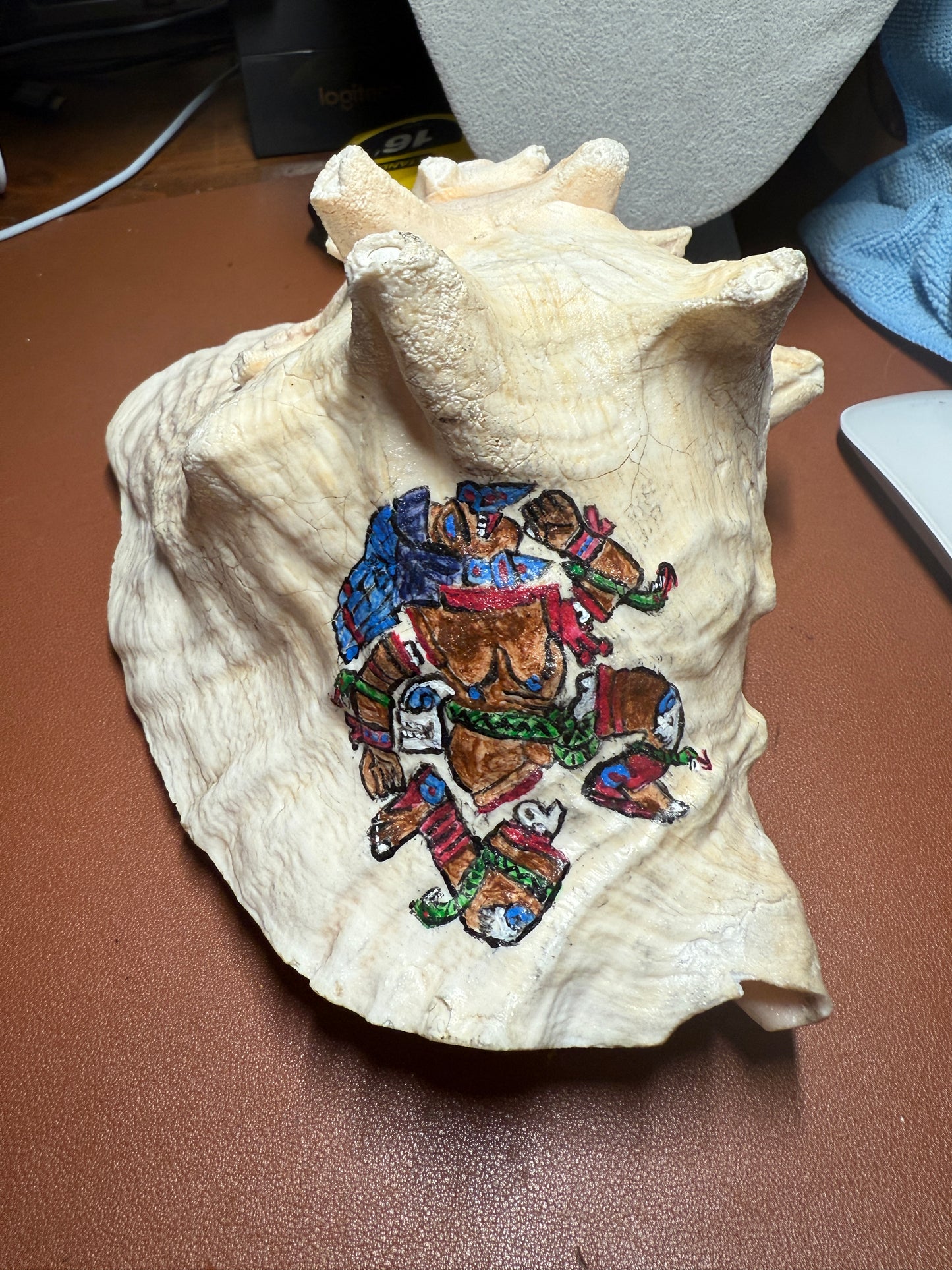 Large Aztec Coyolxauhqui Conch, Moon Milky Way Goddess, Shell Horn, 9", Mexican