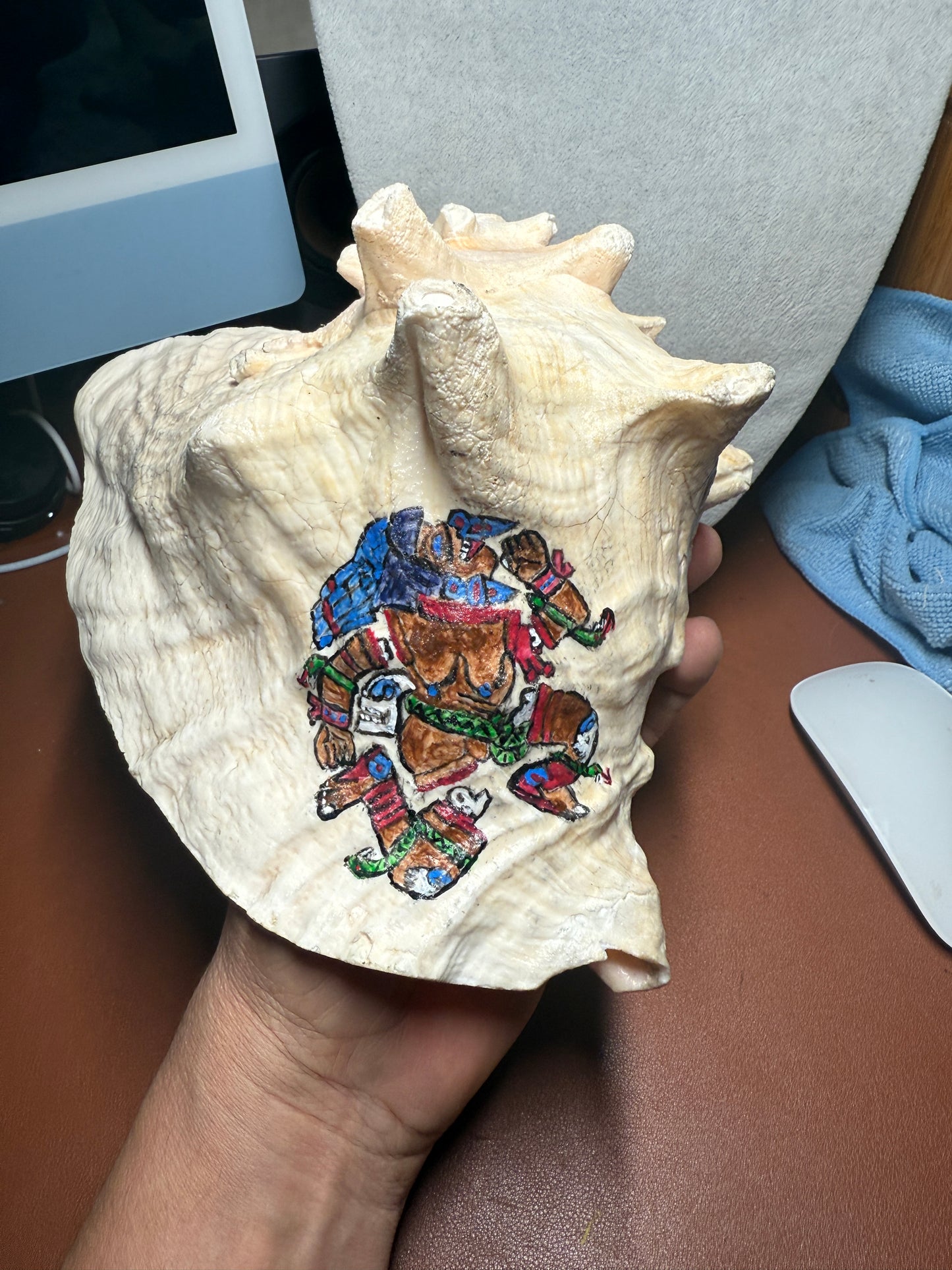 Large Aztec Coyolxauhqui Conch, Moon Milky Way Goddess, Shell Horn, 9", Mexican