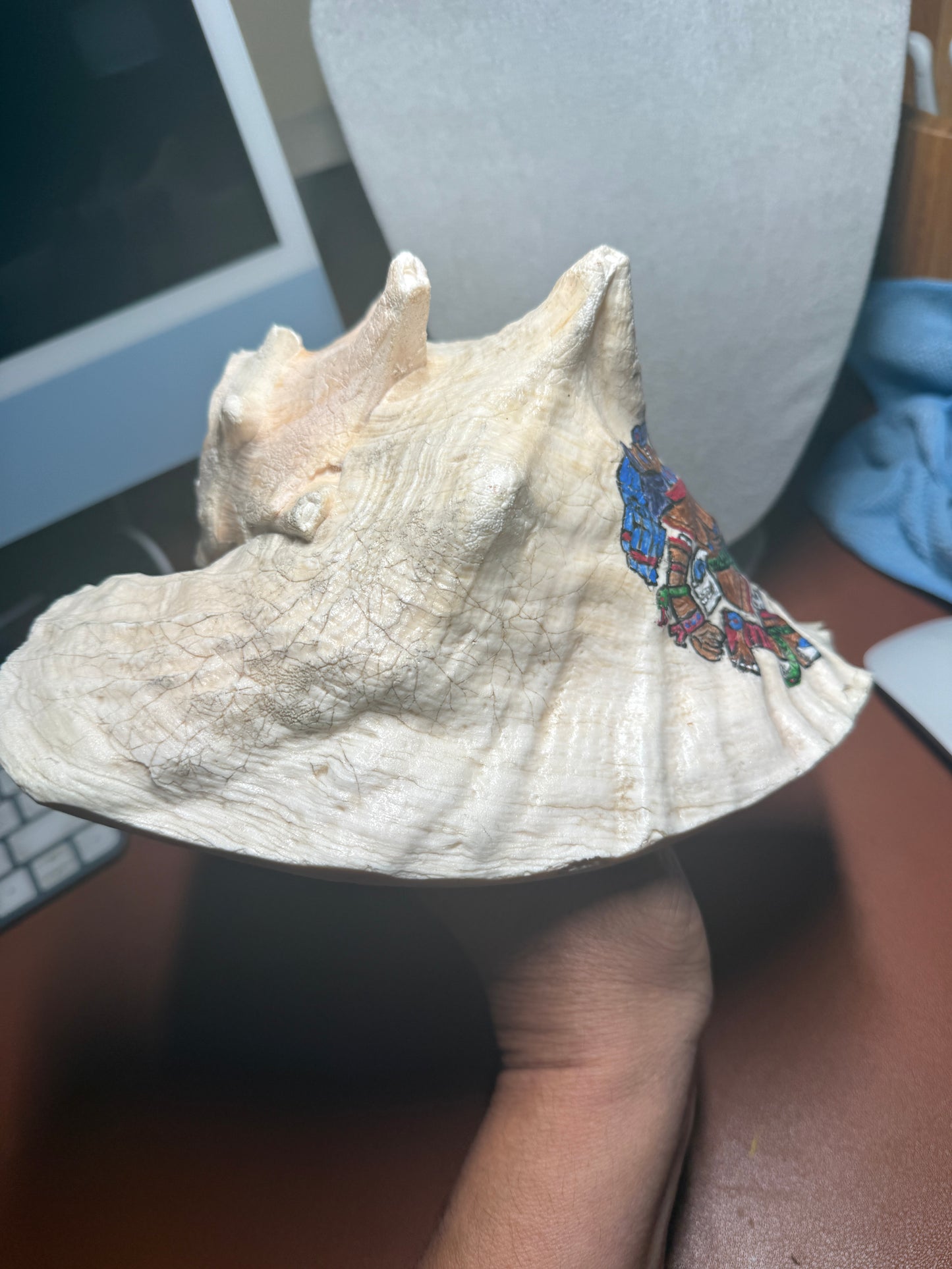 Large Aztec Coyolxauhqui Conch, Moon Milky Way Goddess, Shell Horn, 9", Mexican