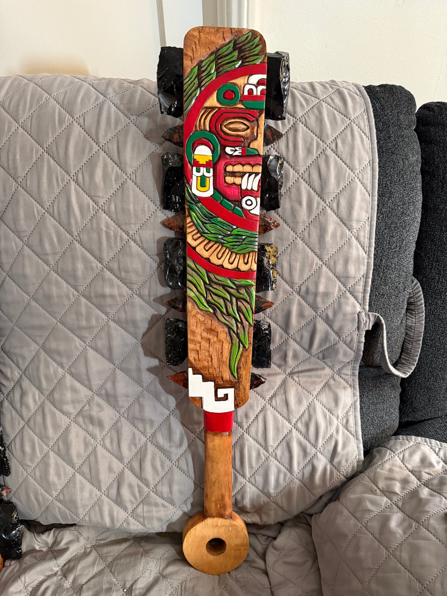 Macuahuitl Azteca Wall Art, feature Tonatiuh Aztec Sun God, Carved, Obsidian Blades, 28"