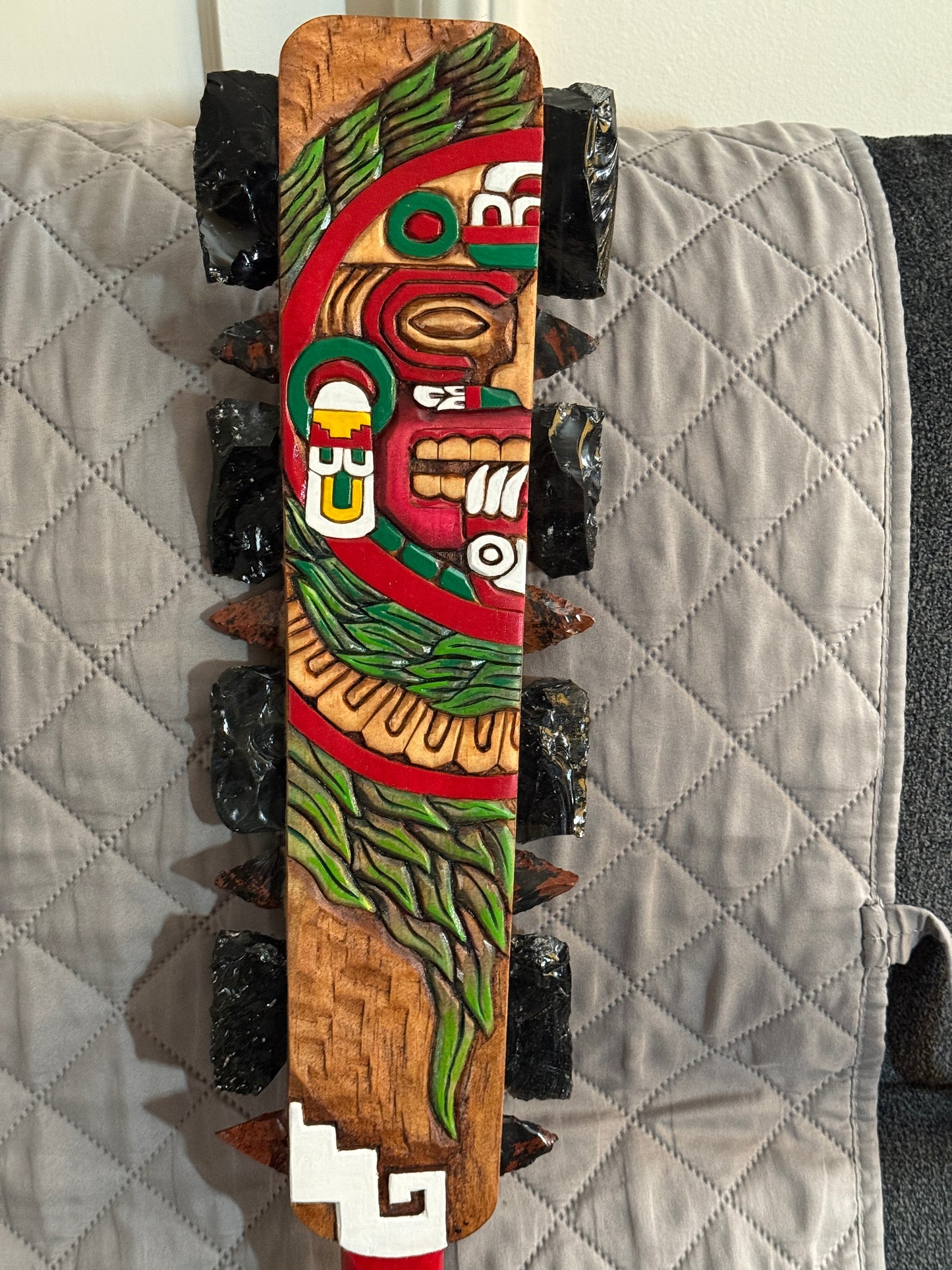 Macuahuitl Azteca Wall Art, feature Tonatiuh Aztec Sun God, Carved, Obsidian Blades, 28"