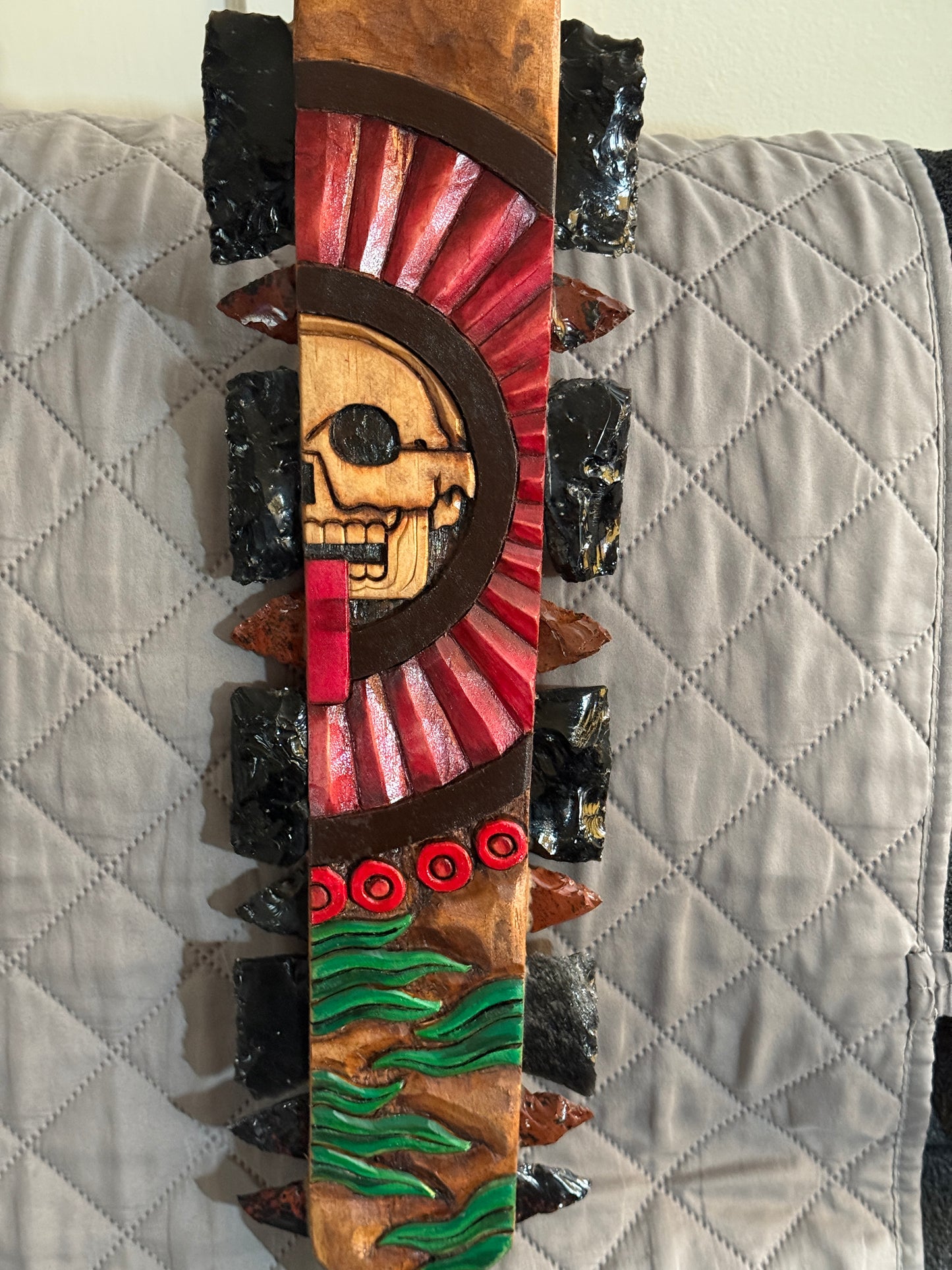 Aztec Macuahuitl, Mictlantecuitli, Skull, Piedra de Muerte, Stone of Death, Wood, Obsidian, Hand Carved, 28", Wall Art, Replica Ancient Mexica