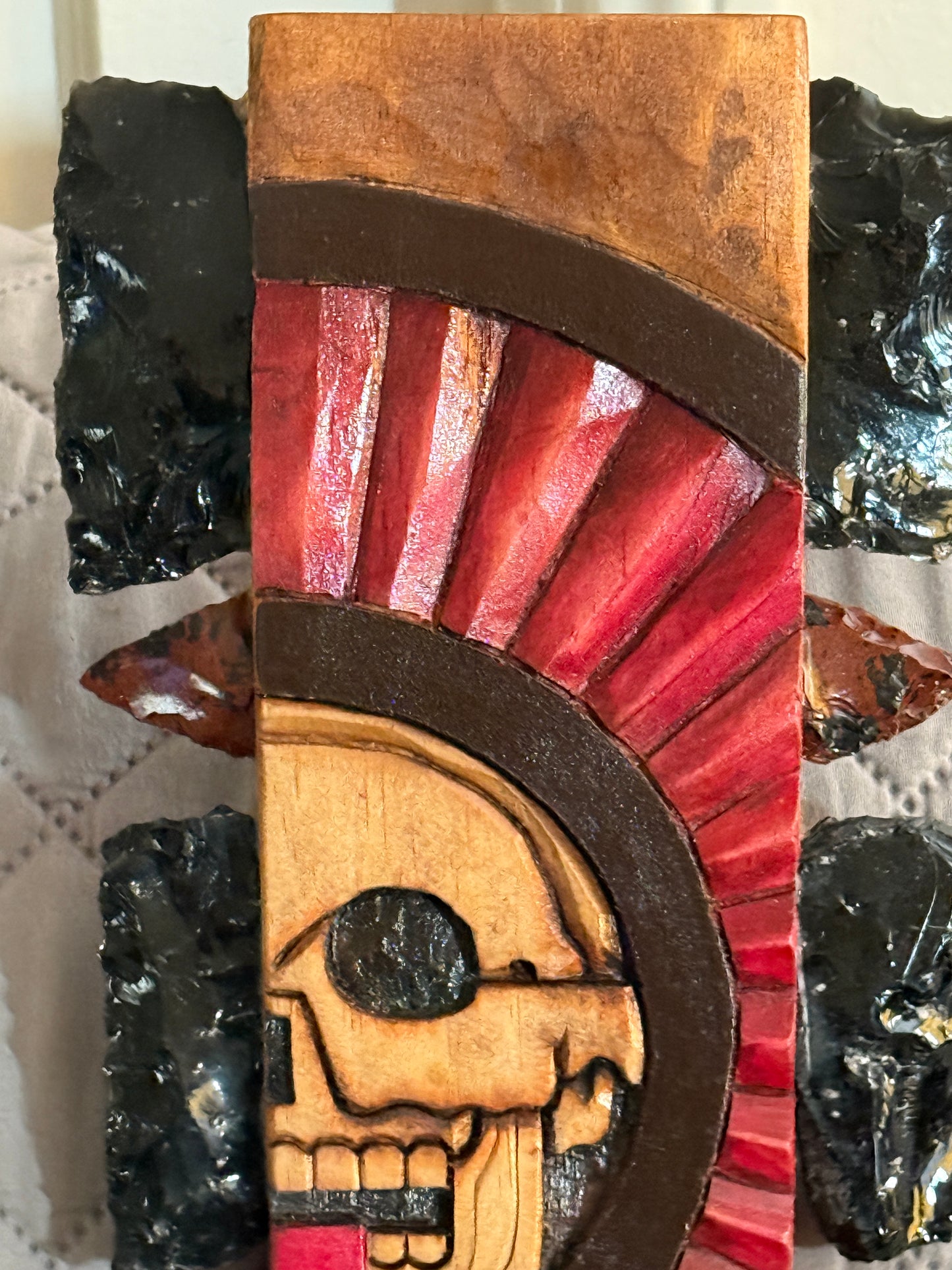 Aztec Macuahuitl, Mictlantecuitli, Skull, Piedra de Muerte, Stone of Death, Wood, Obsidian, Hand Carved, 28", Wall Art, Replica Ancient Mexica