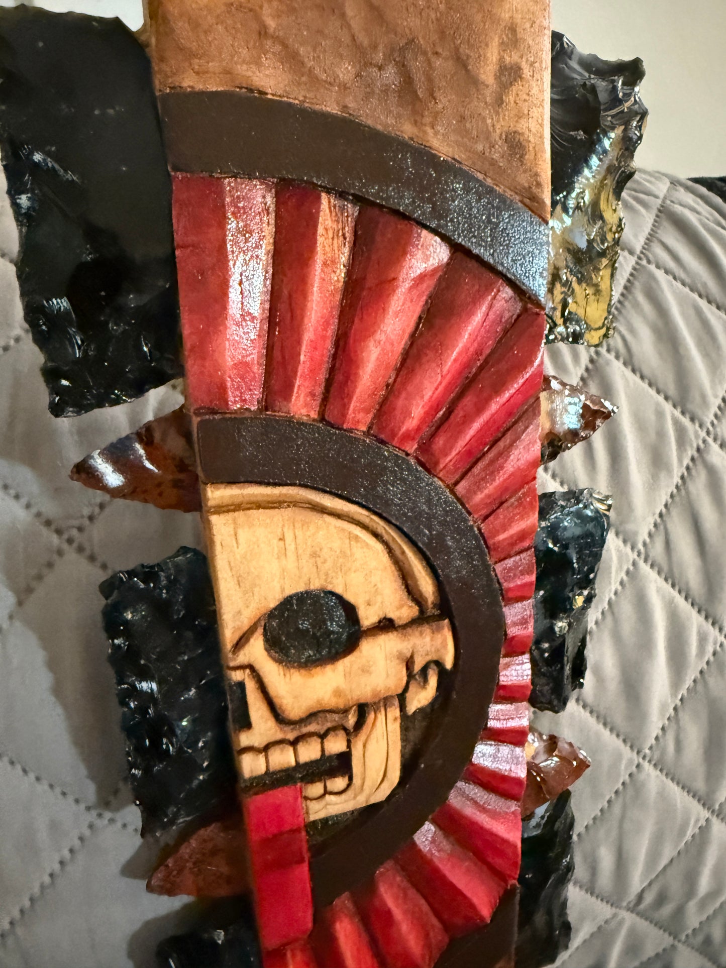 Aztec Macuahuitl, Mictlantecuitli, Skull, Piedra de Muerte, Stone of Death, Wood, Obsidian, Hand Carved, 28", Wall Art, Replica Ancient Mexica