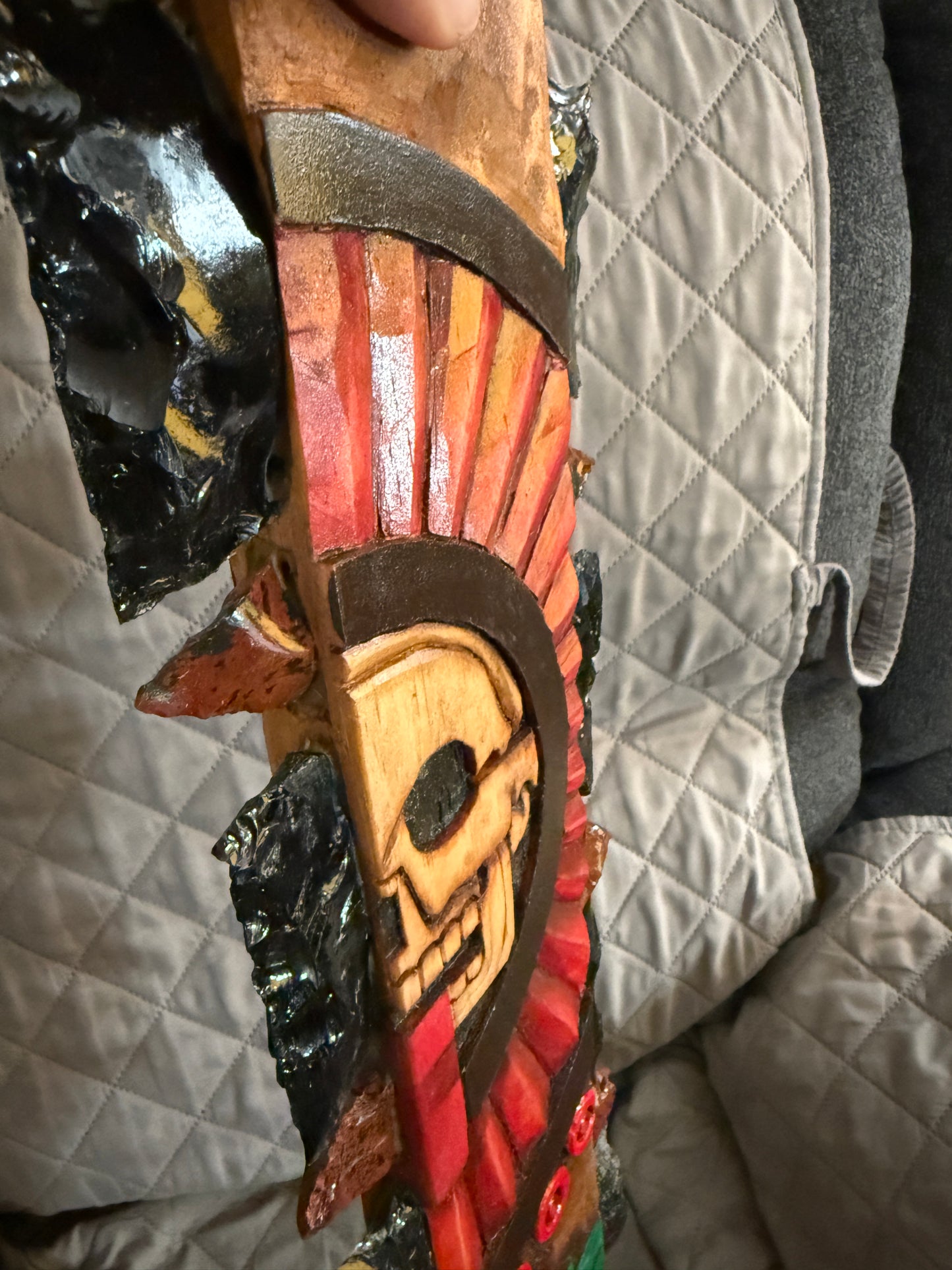 Aztec Macuahuitl, Mictlantecuitli, Skull, Piedra de Muerte, Stone of Death, Wood, Obsidian, Hand Carved, 28", Wall Art, Replica Ancient Mexica