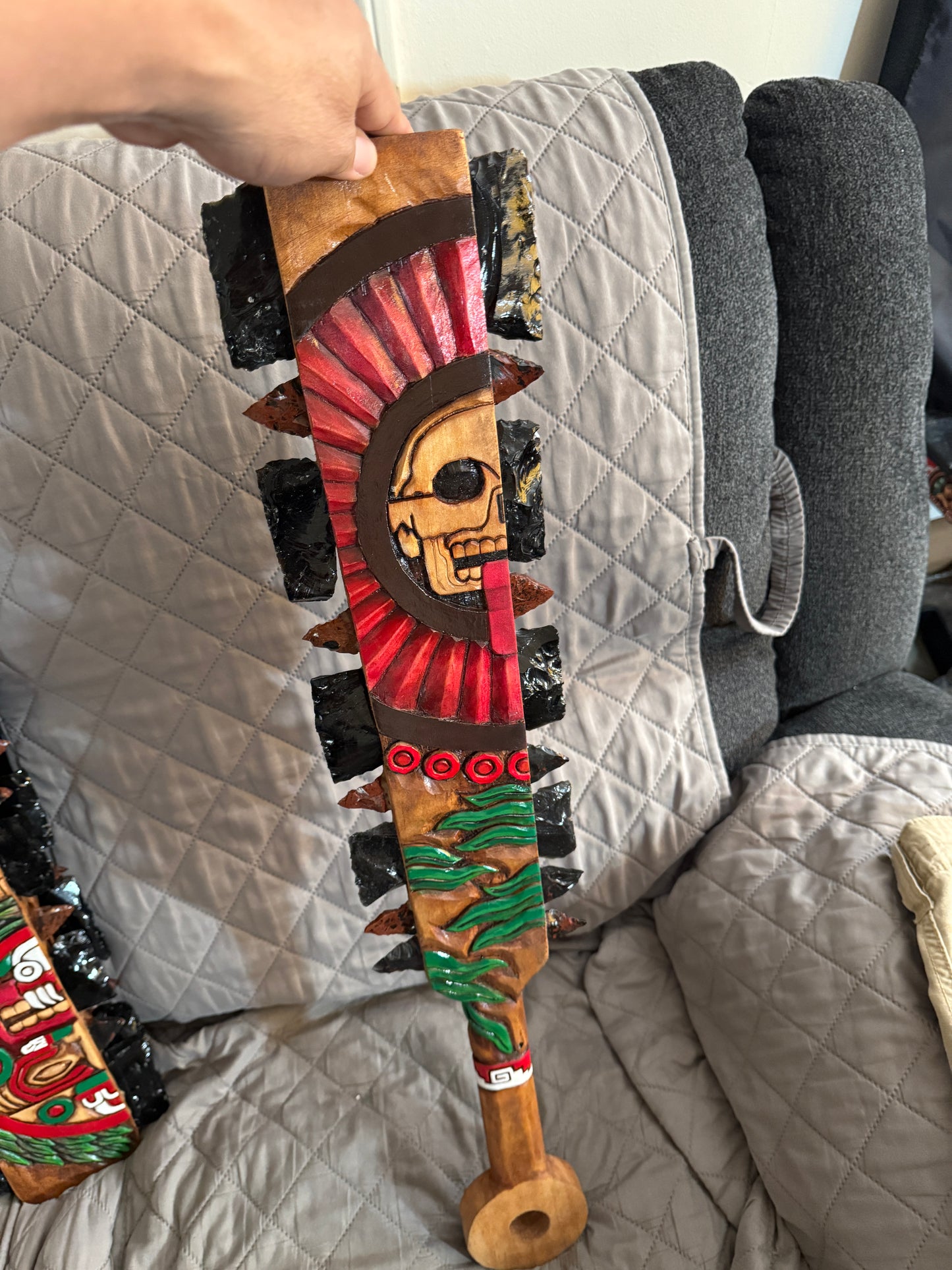 Aztec Macuahuitl, Mictlantecuitli, Skull, Piedra de Muerte, Stone of Death, Wood, Obsidian, Hand Carved, 28", Wall Art, Replica Ancient Mexica