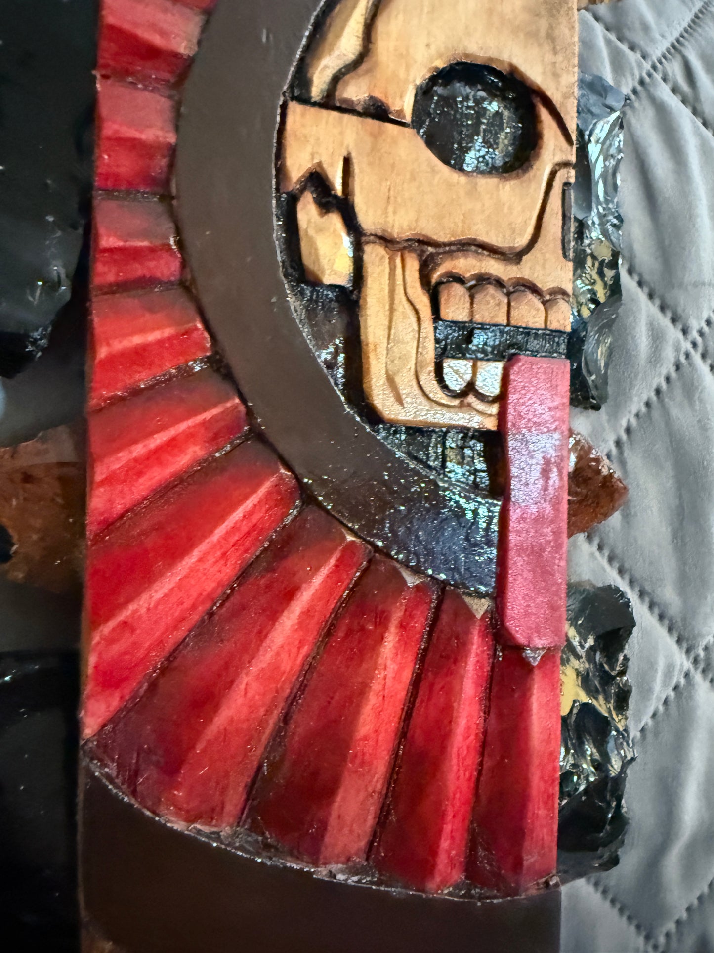 Aztec Macuahuitl, Mictlantecuitli, Skull, Piedra de Muerte, Stone of Death, Wood, Obsidian, Hand Carved, 28", Wall Art, Replica Ancient Mexica