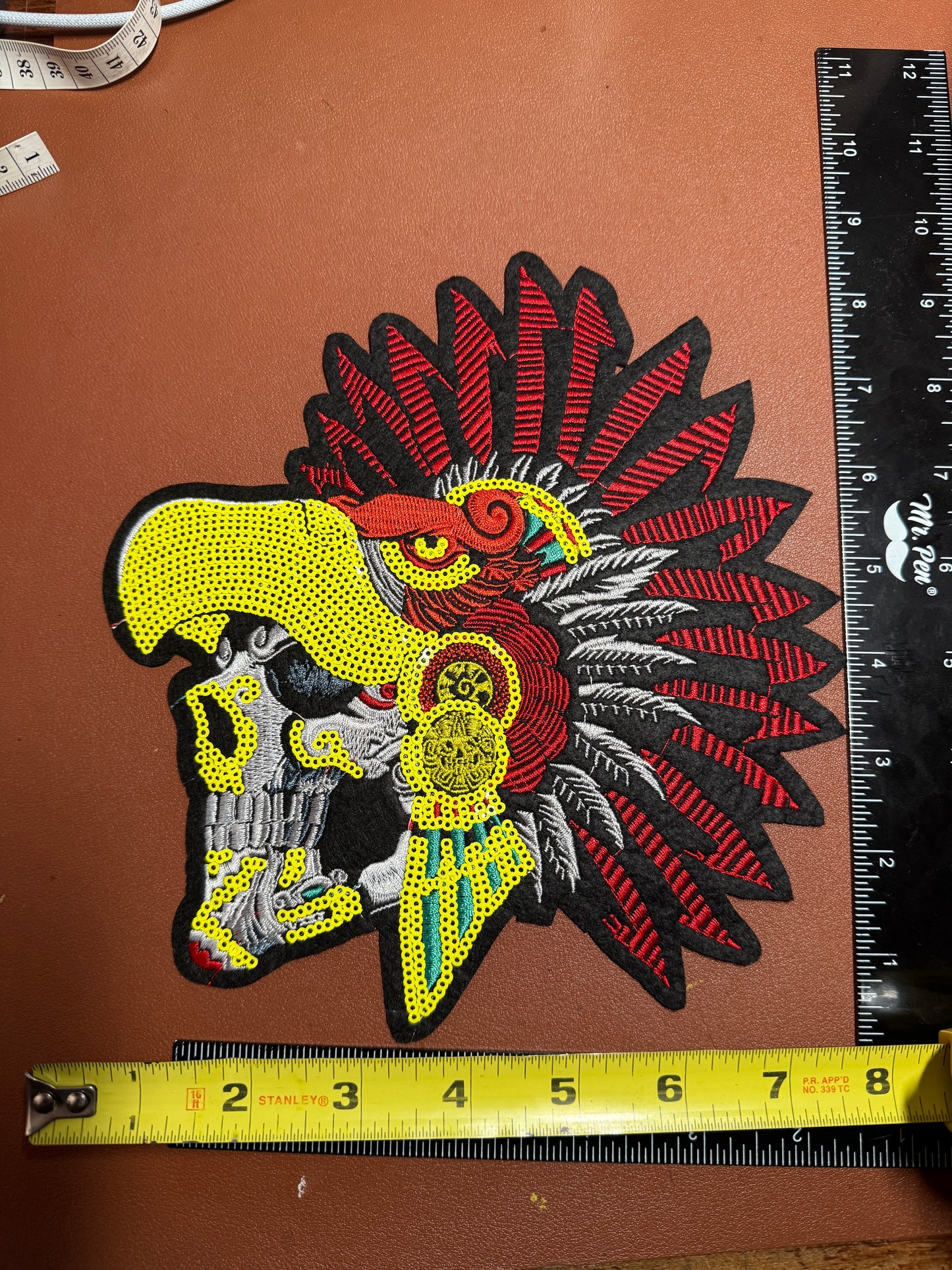 Aztec or Mayan Dead Eagle Warrior Patch, 8", patches, Sequins, embroidered (#27)