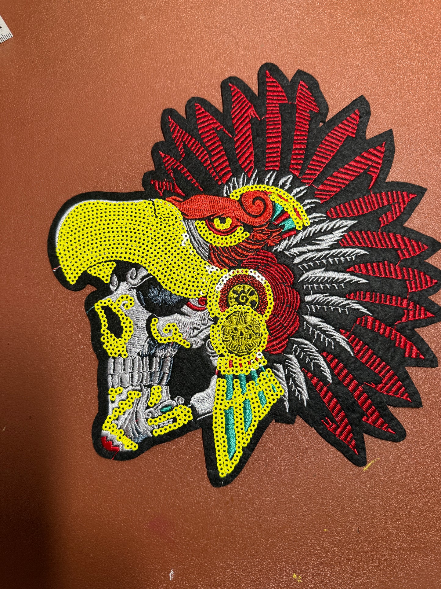 Aztec or Mayan Dead Eagle Warrior Patch, 8", patches, Sequins, embroidered (#27)