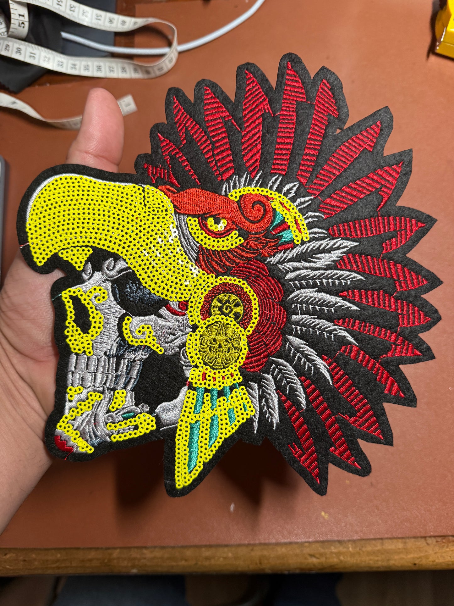 Aztec or Mayan Dead Eagle Warrior Patch, 8", patches, Sequins, embroidered (#27)