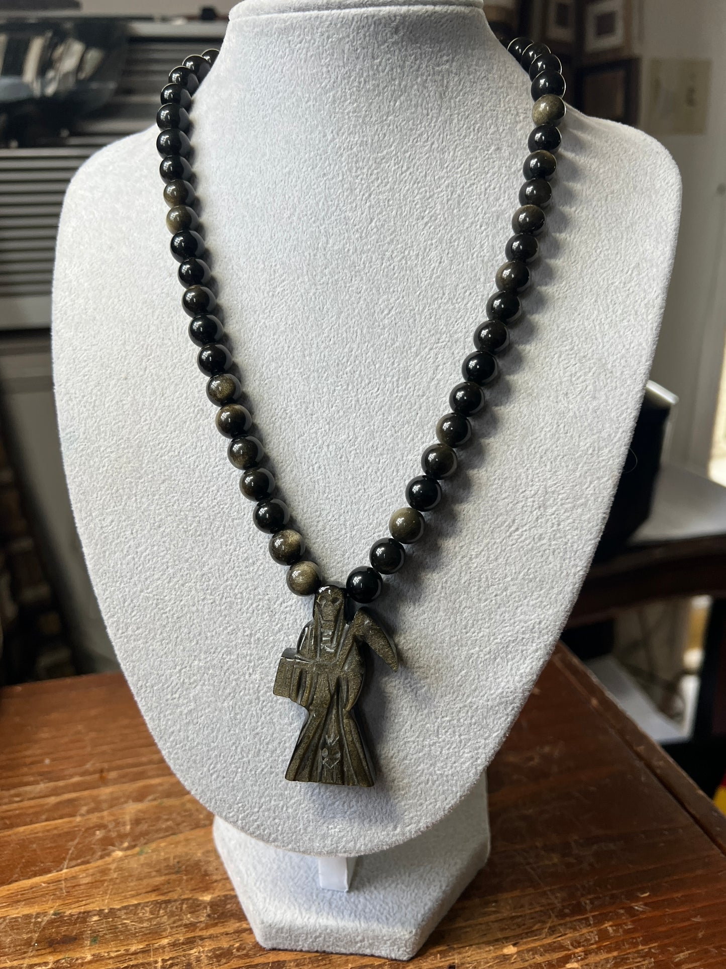 Gold Sheen Obsidian Santa Muerte pendant, necklace, Aztec, Mexican, Mexico #14
