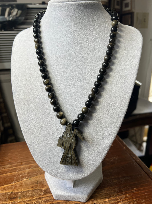 Gold Sheen Obsidian Santa Muerte pendant, necklace, Aztec, Mexican, Mexico #14
