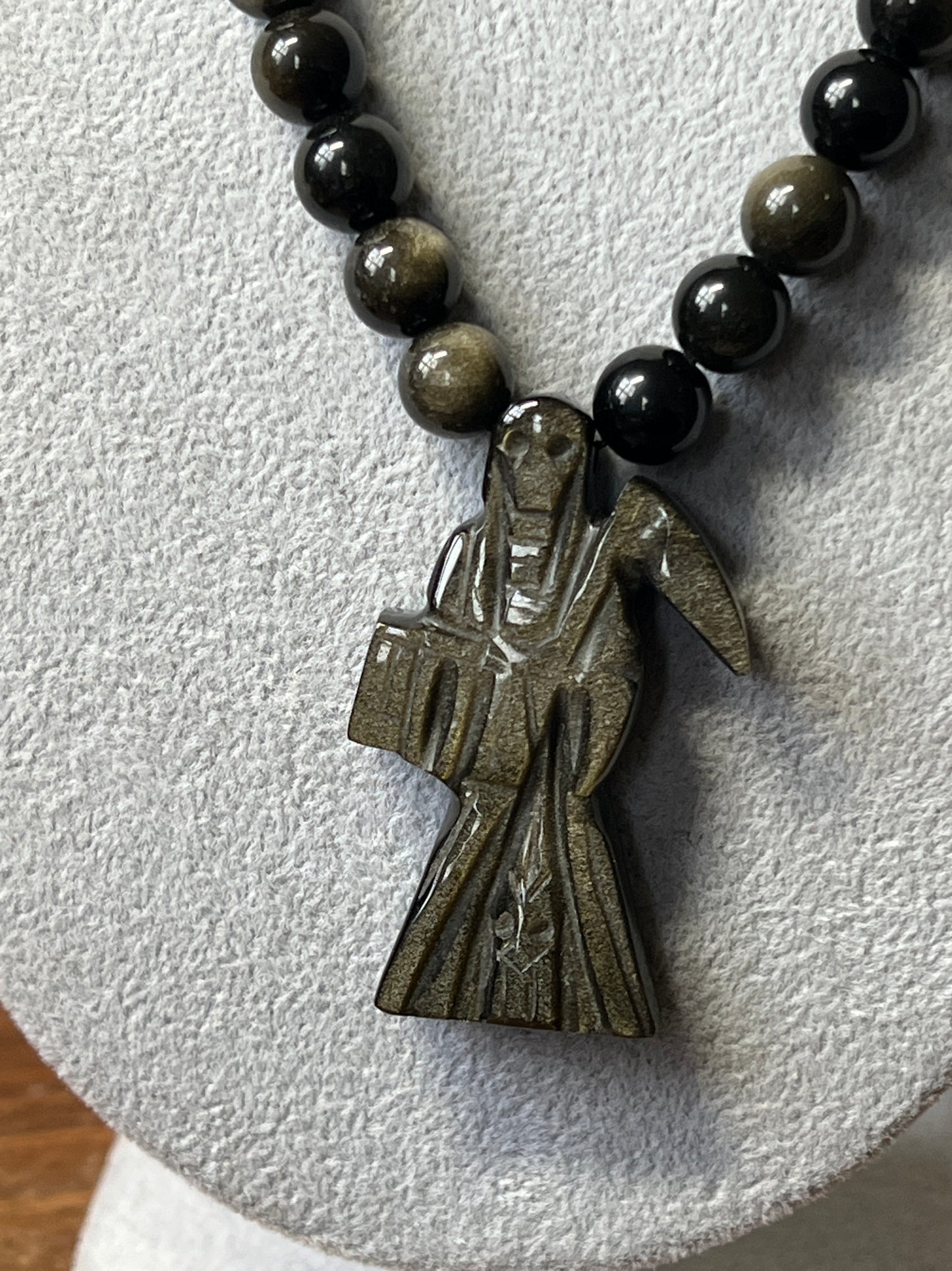 Gold Sheen Obsidian Santa Muerte pendant, necklace, Aztec, Mexican, Mexico #14