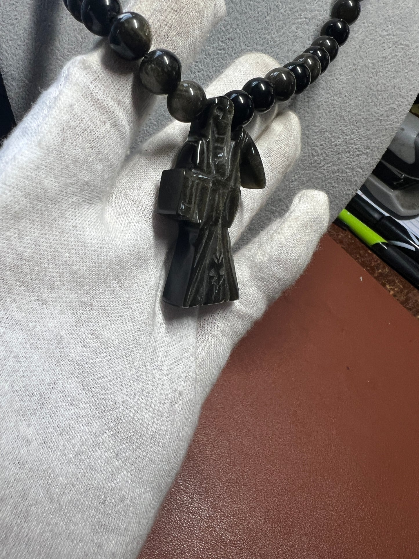 Gold Sheen Obsidian Santa Muerte pendant, necklace, Aztec, Mexican, Mexico #14