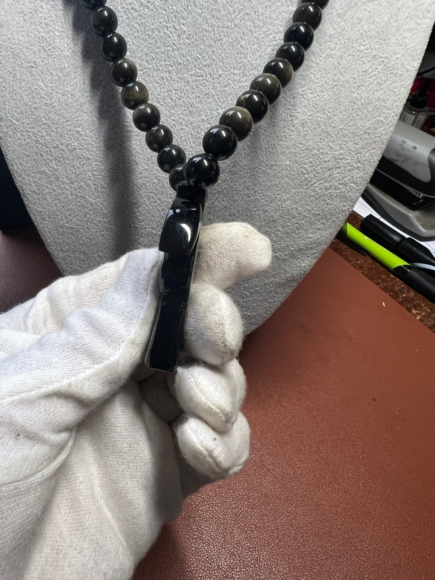 Gold Sheen Obsidian Santa Muerte pendant, necklace, Aztec, Mexican, Mexico #14