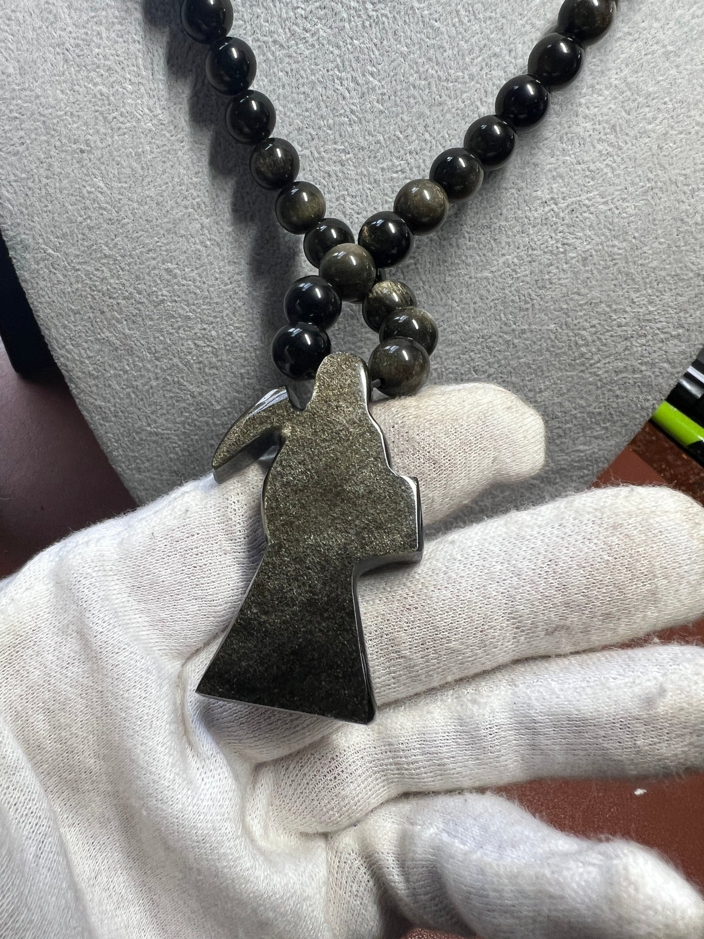 Gold Sheen Obsidian Santa Muerte pendant, necklace, Aztec, Mexican, Mexico #14