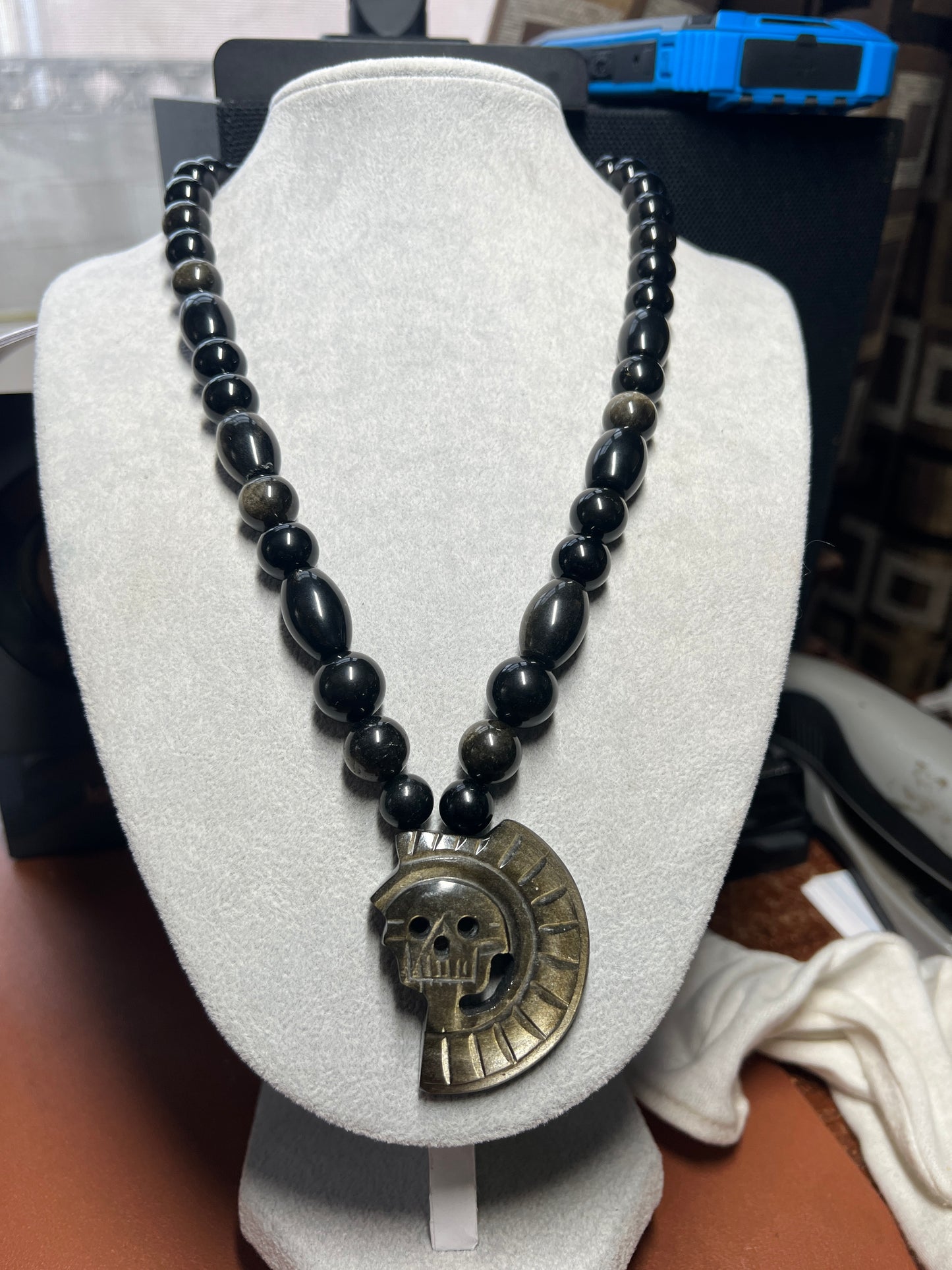 Gold Sheen Obsidian Piedra De Muerte Pendant Beaded Necklace, Aztec, Stone of Death, Mictlantecuhtli, Handmade, Mexico, Prehispanic Jewelry (#14)