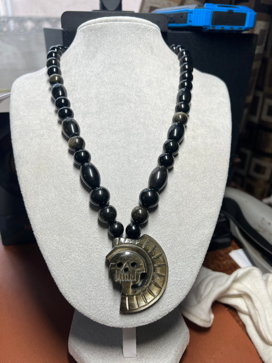 Gold Sheen Obsidian Piedra De Muerte Pendant Beaded Necklace, Aztec, Stone of Death, Mictlantecuhtli, Handmade, Mexico, Prehispanic Jewelry (#14)