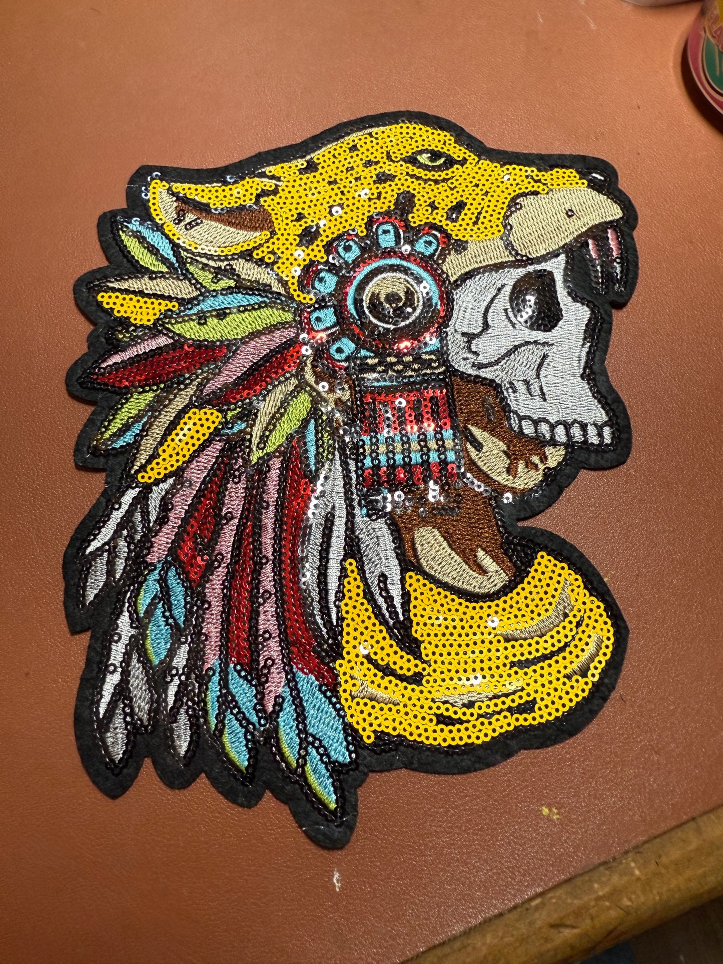 Aztec or Mayan Dead Jaguar Warrior Patch, 9" x 7", patches, Sequins, embroidered (#27)
