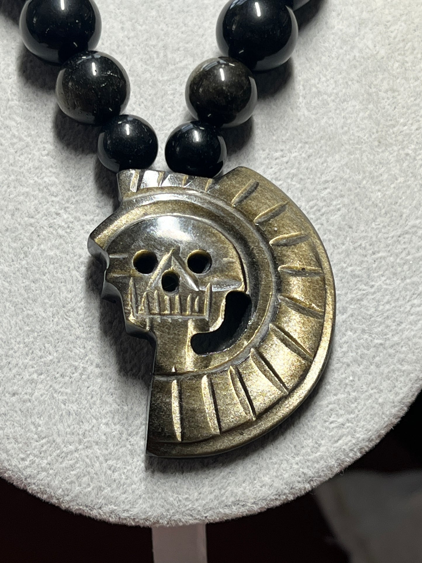 Gold Sheen Obsidian Piedra De Muerte Pendant Beaded Necklace, Aztec, Stone of Death, Mictlantecuhtli, Handmade, Mexico, Prehispanic Jewelry (#14)