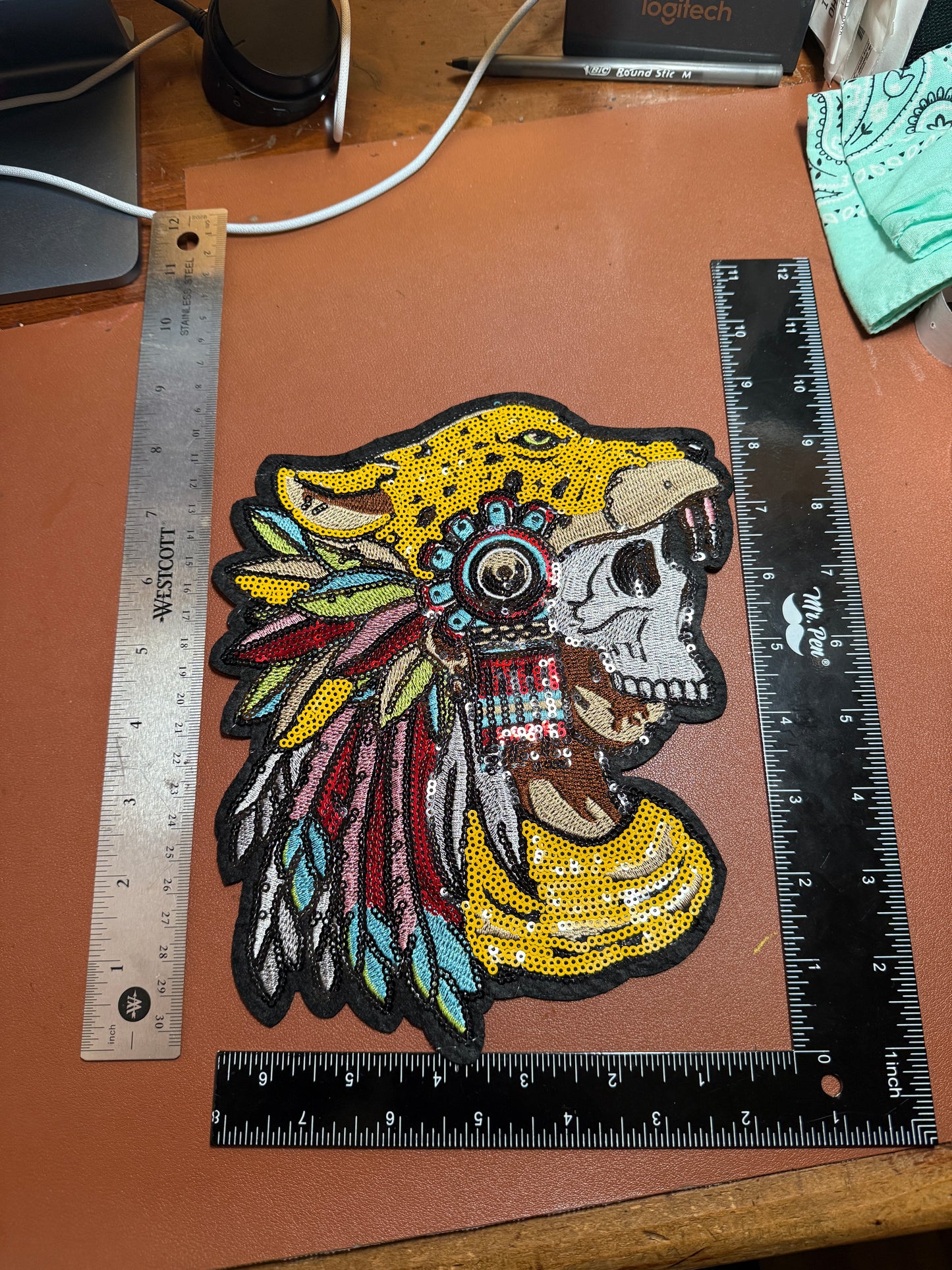 Aztec or Mayan Dead Jaguar Warrior Patch, 9" x 7", patches, Sequins, embroidered (#27)