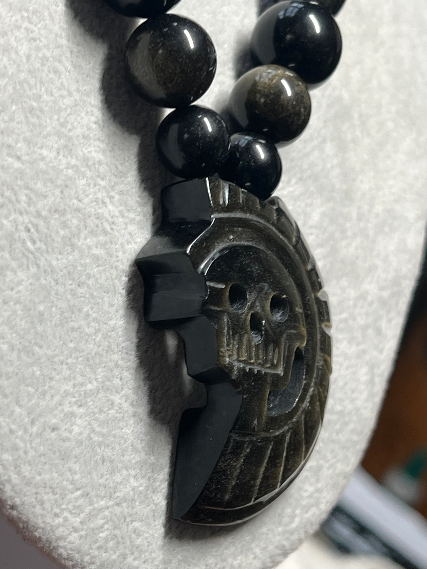 Gold Sheen Obsidian Piedra De Muerte Pendant Beaded Necklace, Aztec, Stone of Death, Mictlantecuhtli, Handmade, Mexico, Prehispanic Jewelry (#14)