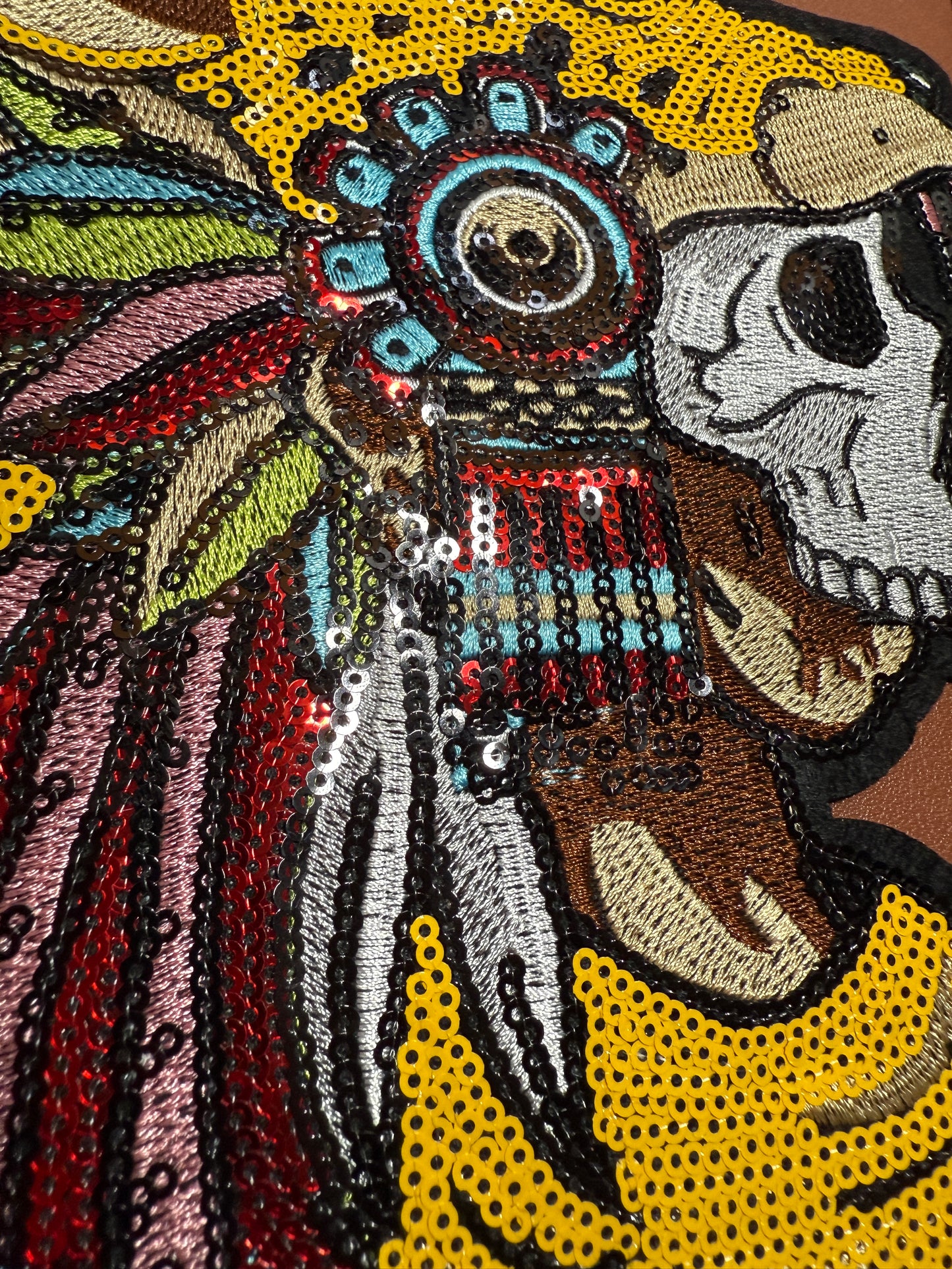 Aztec or Mayan Dead Jaguar Warrior Patch, 9" x 7", patches, Sequins, embroidered (#27)