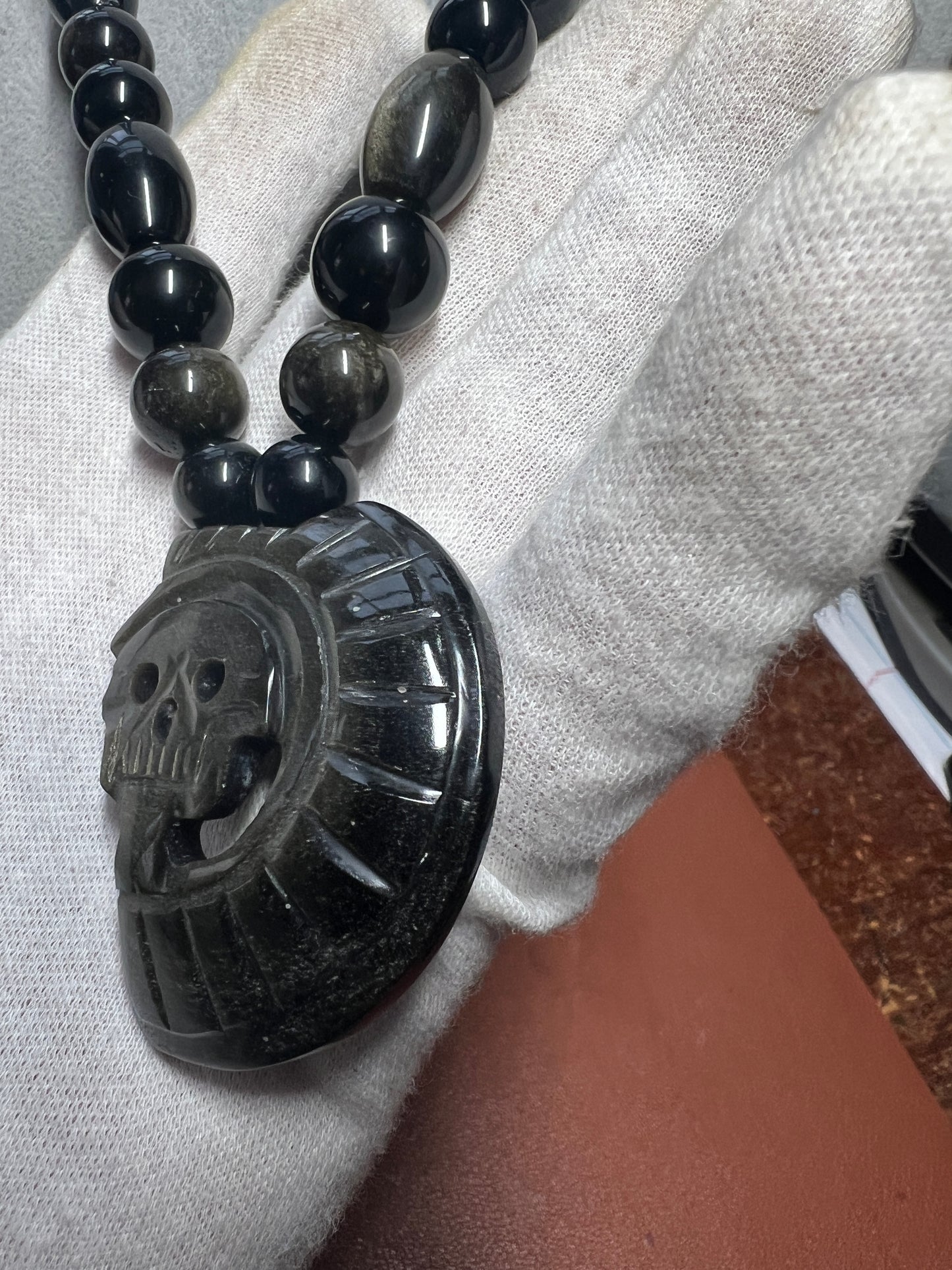 Gold Sheen Obsidian Piedra De Muerte Pendant Beaded Necklace, Aztec, Stone of Death, Mictlantecuhtli, Handmade, Mexico, Prehispanic Jewelry (#14)