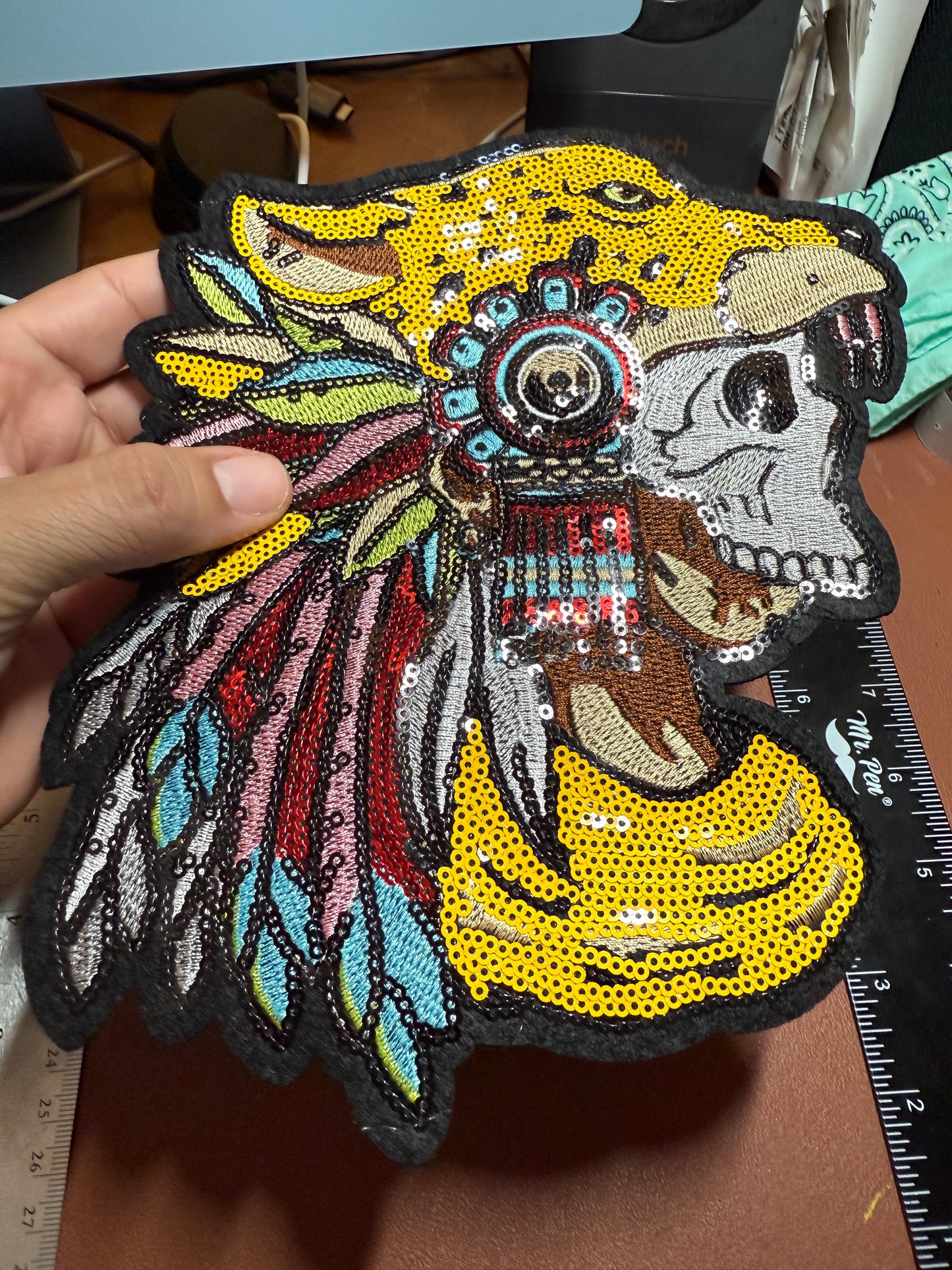 Aztec or Mayan Dead Jaguar Warrior Patch, 9" x 7", patches, Sequins, embroidered (#27)