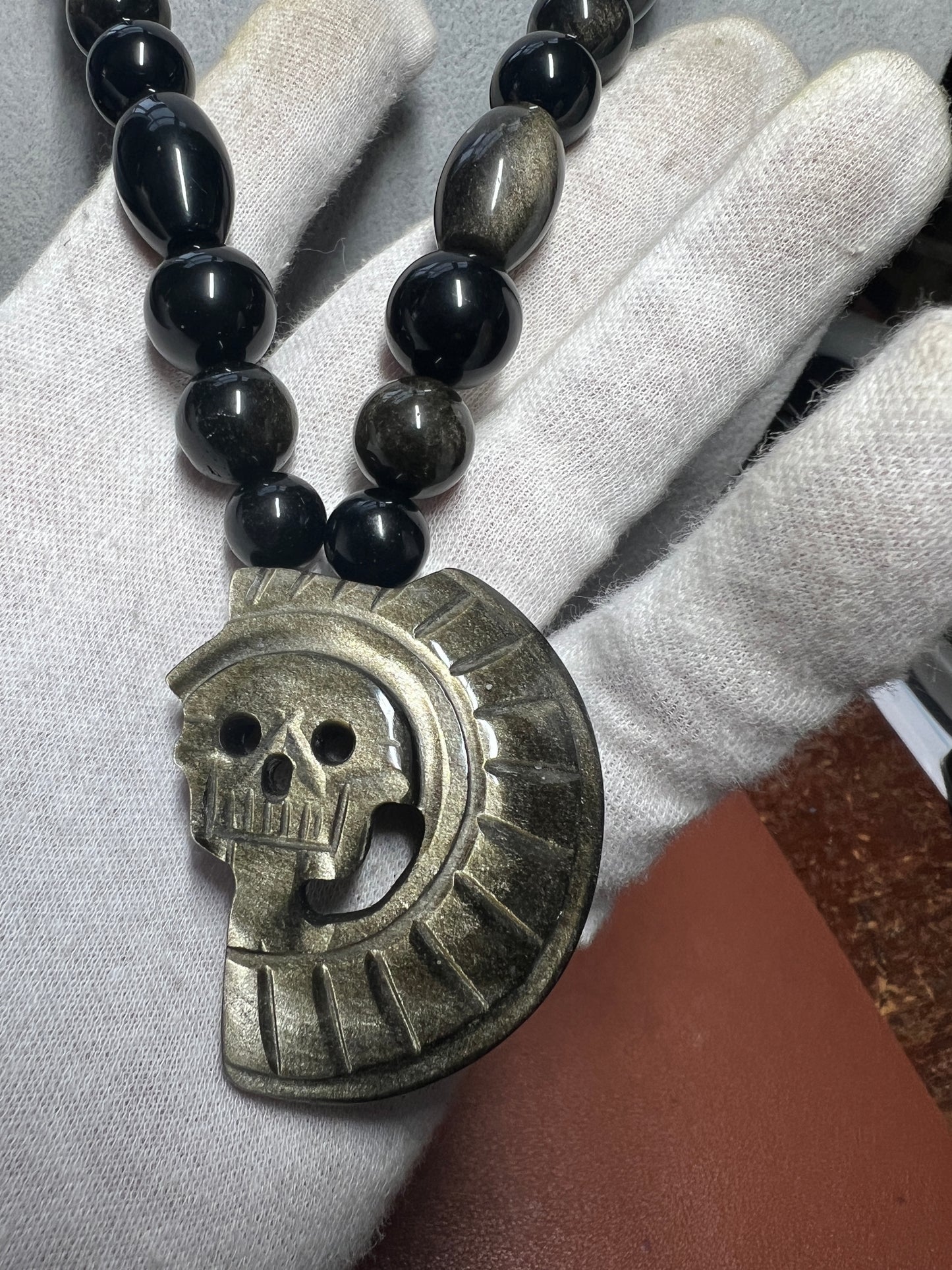 Gold Sheen Obsidian Piedra De Muerte Pendant Beaded Necklace, Aztec, Stone of Death, Mictlantecuhtli, Handmade, Mexico, Prehispanic Jewelry (#14)