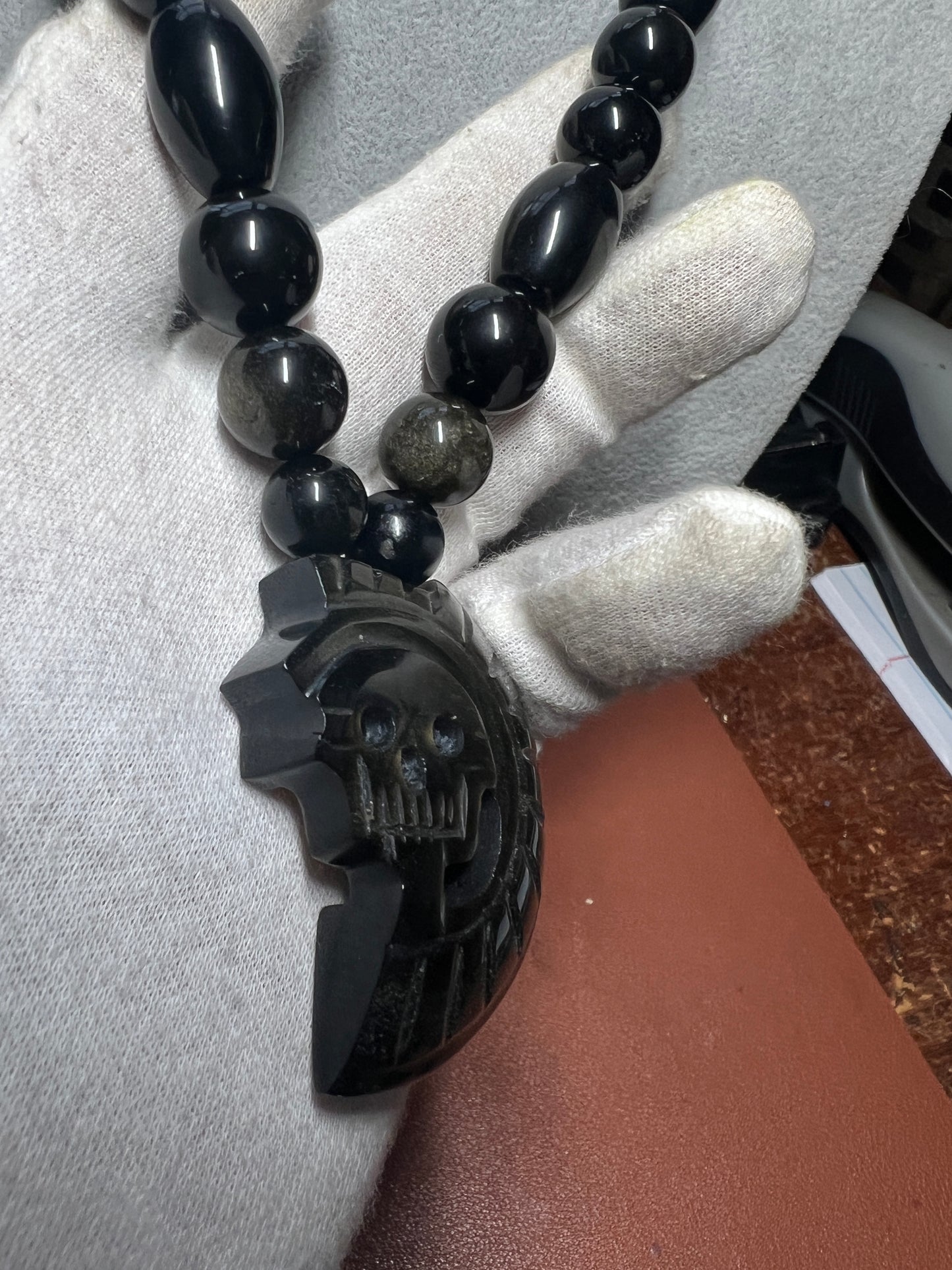 Gold Sheen Obsidian Piedra De Muerte Pendant Beaded Necklace, Aztec, Stone of Death, Mictlantecuhtli, Handmade, Mexico, Prehispanic Jewelry (#14)