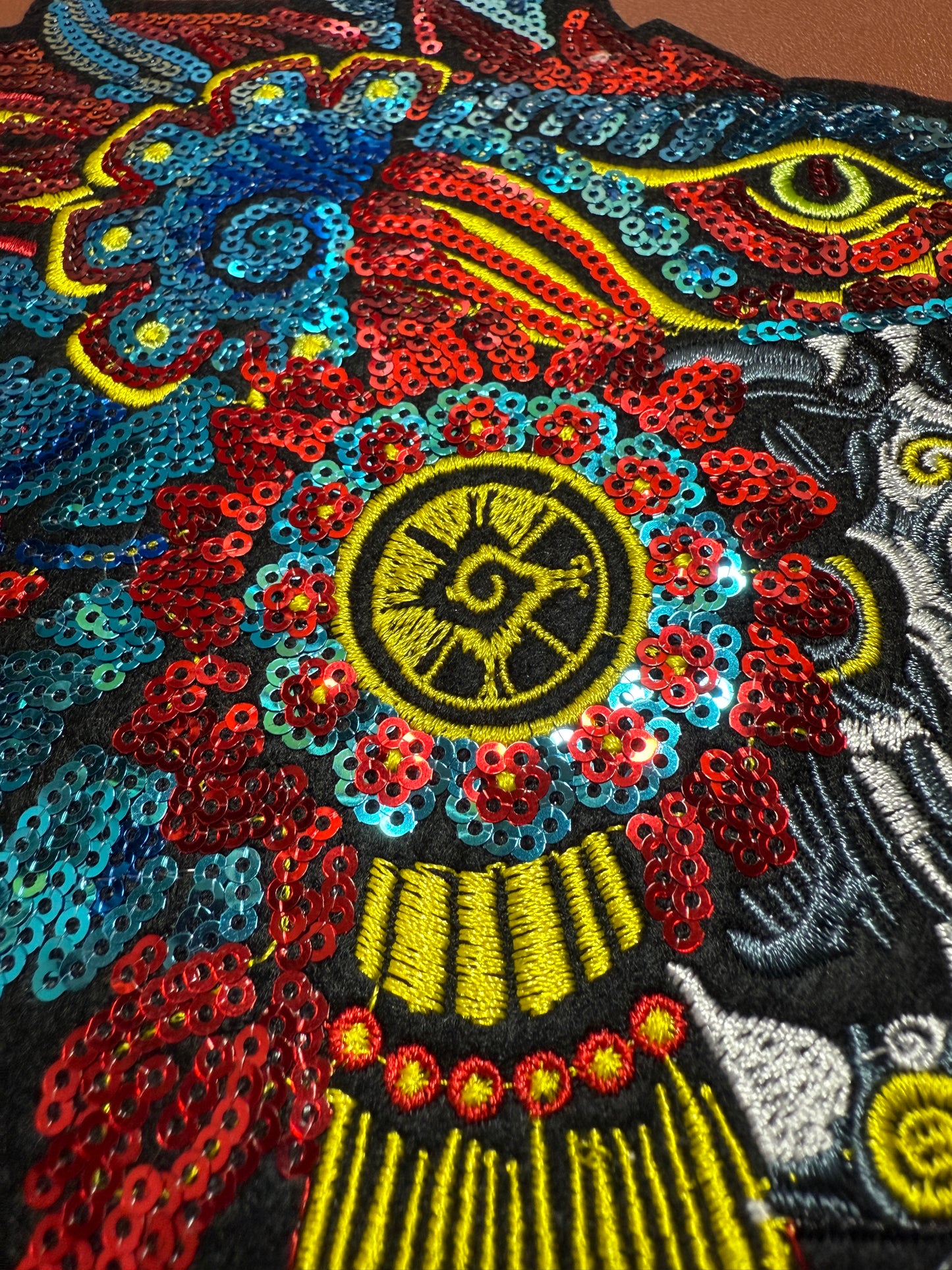 Aztec or Mayan Dead Serpent Warrior Patch, 9" x 8.5", patches, Sequins, embroidered (#27)